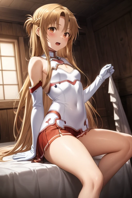 ((Best Quality)), ((masterpiece)), (be familiar with), Perfect Face, indoor, bedroom, Watching the audience,
One woman, Yuuki Asuna,
Open Mouth, Ecstatic expression, blush, smile,
Small breasts, Flat Chest, , , child, Girl,
Long Hair, Long Hair,
Leg spread,