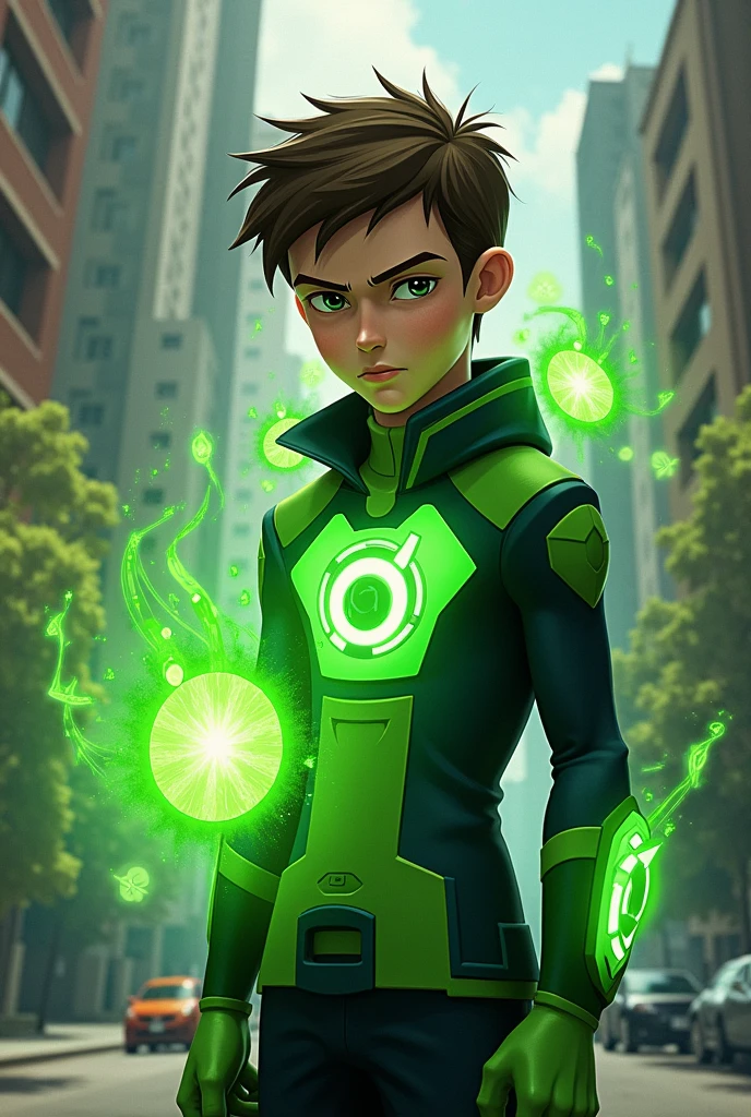 Create an image of a teenage boy with spiky brown hair and green eyes, wearing a futuristic green and black suit with a high-tech watch on his wrist that glows with a green light. He is standing confidently in front of a glowing portal with a cosmic background, ready for action. The setting should have a sci-fi atmosphere, with some alien planets visible in the distance. The boy should be surrounded by a vibrant green energy aura, highlighting his superhero-like powers."