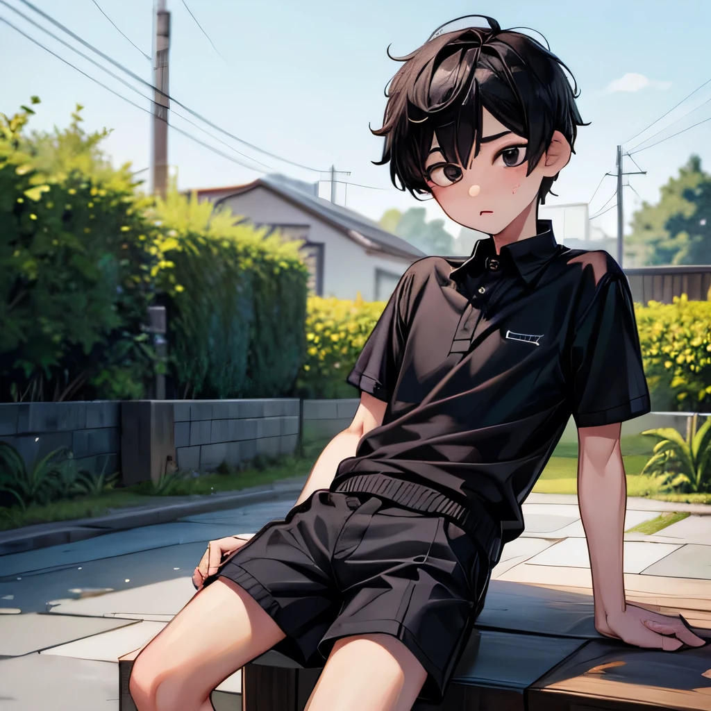 A handsome child cute 1boy 11yr cool,ahegao,short cut black hair and black eyes,wearing Knitted Short Polo shirt,webtoon style,from front,in backyard