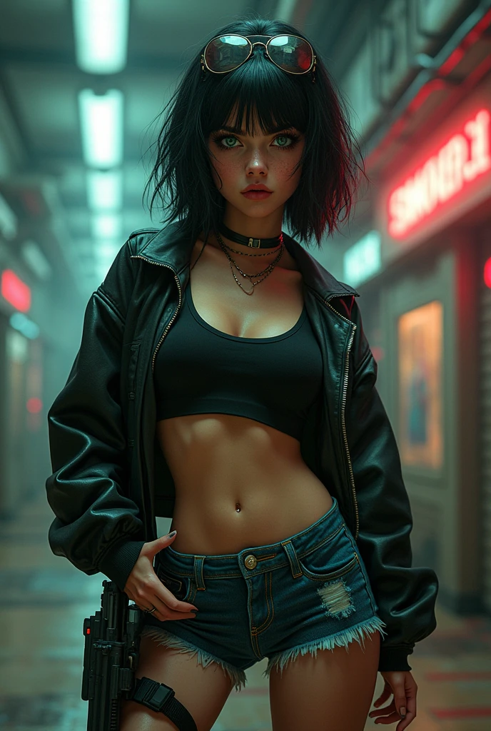 Tia is shown to have a fairly slender figure. She has white-grey hair , she has short hair and large pale green eyes, The image depicts a girl wearing a sexy short black leather jacket, the open zipper reveals a sexy black shirt underneath.  She completes her look with cropped, ripped jeans with some dings and scratches.
 The girl sits in front of a table, and on the surface there are a variety of liquor, drugs, and weapons.  The wines are displayed in bottles of different shapes and colors, and among them are some cups filled with colorful drinks.  In addition, a collection of drugs appeared on the table, such as bags of hashish and colorful pills.
 Along with liquor and drugs, a range of different weapons are on display, such as knives, pistols and some larger weapons such as shotguns.  These weapons are distinguished by their modern design and disturbing appearance.
 The focus of the image is on the detail of the young girl, highlighting her attractive facial expression and her eyes, colored with saturated colours.  There is a look of strength and confidence in her eyes, giving the photo an interesting and exciting atmosphere.
 The photo reflects a poignant image of a rebellious and liberated girl, wearing unconventional clothes and sitting in front of a group of drugs, alcohol and weapons.  The image powerfully explains the challenges and risks associated with the terms presented, and conveys a strong message about dangerous living and deviance., cleavage exposed, medium breasts, superior quality, many details, Puri focus  Sharp and realistic