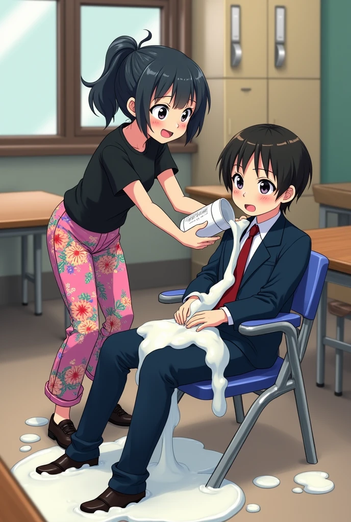 score_9, score_8_wonderful, score_7_wonderful, sauce_anime,student ,Masamune's Revenge,masamune,Male Focus,No pants,Inside the cage,tie,blazer,Bow-legged,Place your hands behind your head.,penis,Collar with leash,View your viewers,Crouching,Black Hair,blue eyes,humiliation,deep throat