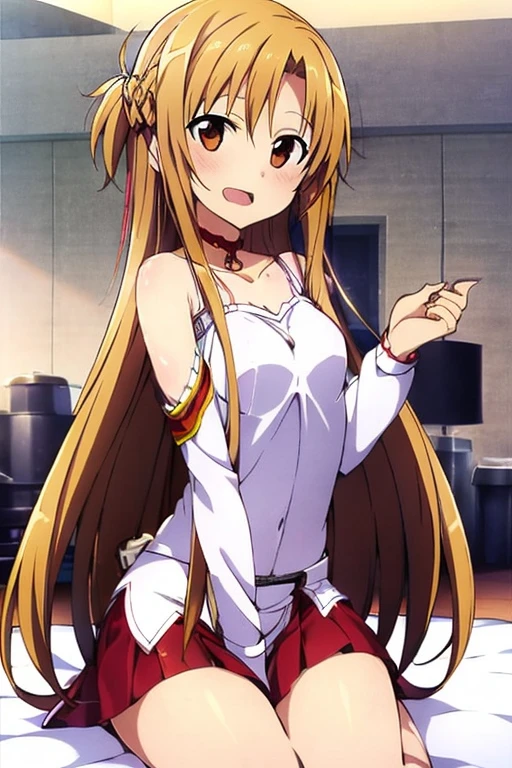 ((Best Quality)), ((masterpiece)), (be familiar with), Perfect Face, indoor, bedroom, Watching the audience,
One woman, Yuuki Asuna,
Open Mouth, Ecstatic expression, blush, smile,
Small breasts, Flat Chest, , , child, Girl,
Long Hair, Long Hair,
Leg spread,