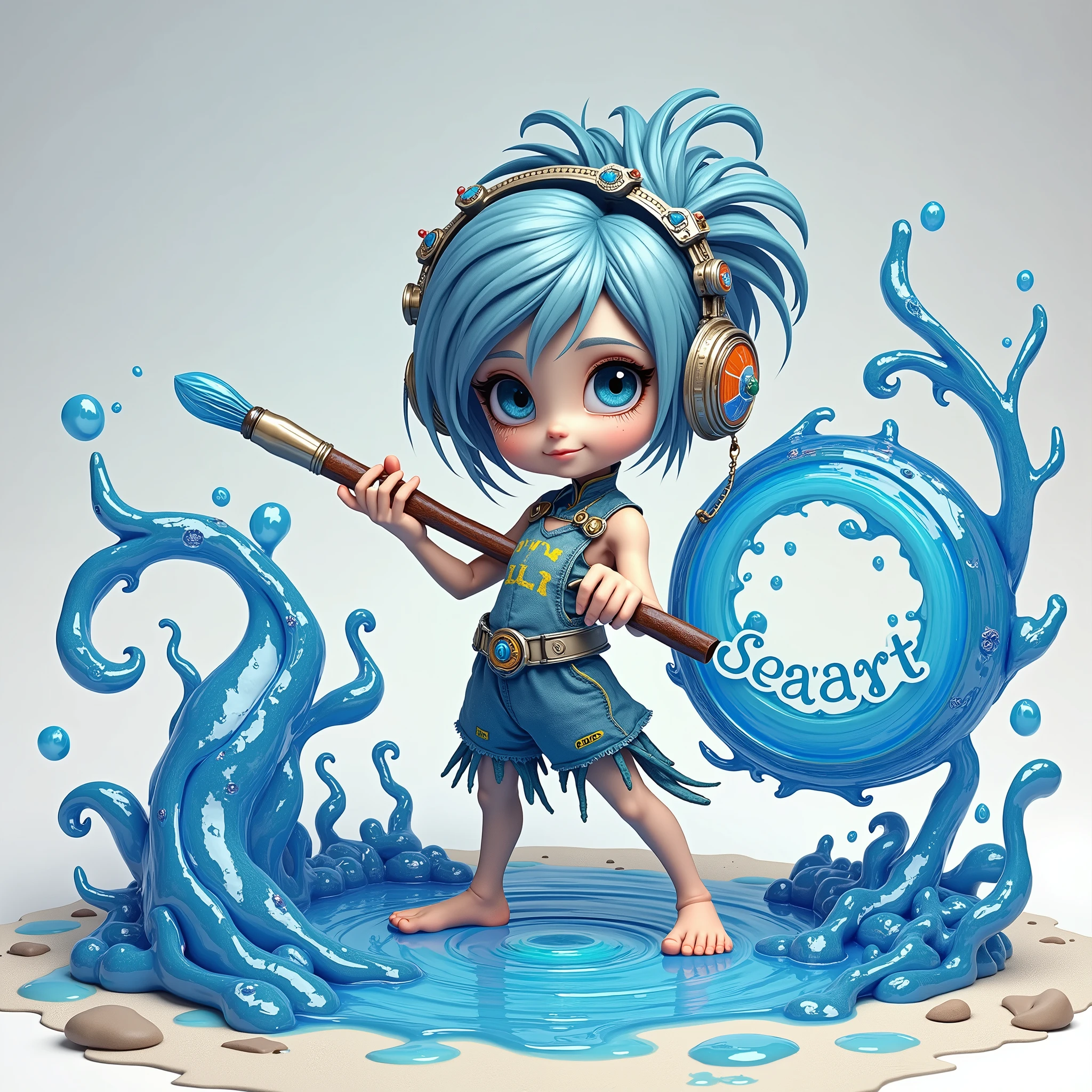 cute，A blue sea elf，Wearing clothes made from seawater，Wearing a digitally-made blue sea painter&#39;s hat，Barefoot，Holding a paintbrush in left hand，Right hand pointing forward，On the right hand, there is a large circle made of blue sea water with the word &quot;seaart&quot; written on it.，Swirl shape，Swirl shape，Curious expression，A person poses for painting，White Art World Background，Perfect Light，High image quality，Extraordinary texture，High-resolution details，Masterpieces，Vivid colors，High contrast tones，Cool colors，Fantasy style，Perfect Light，High image quality，Extraordinary texture，Chibi，3D Rendering，Unreal Engine，C4D，OC Renderer，Ray Tracing，Long-distance shooting