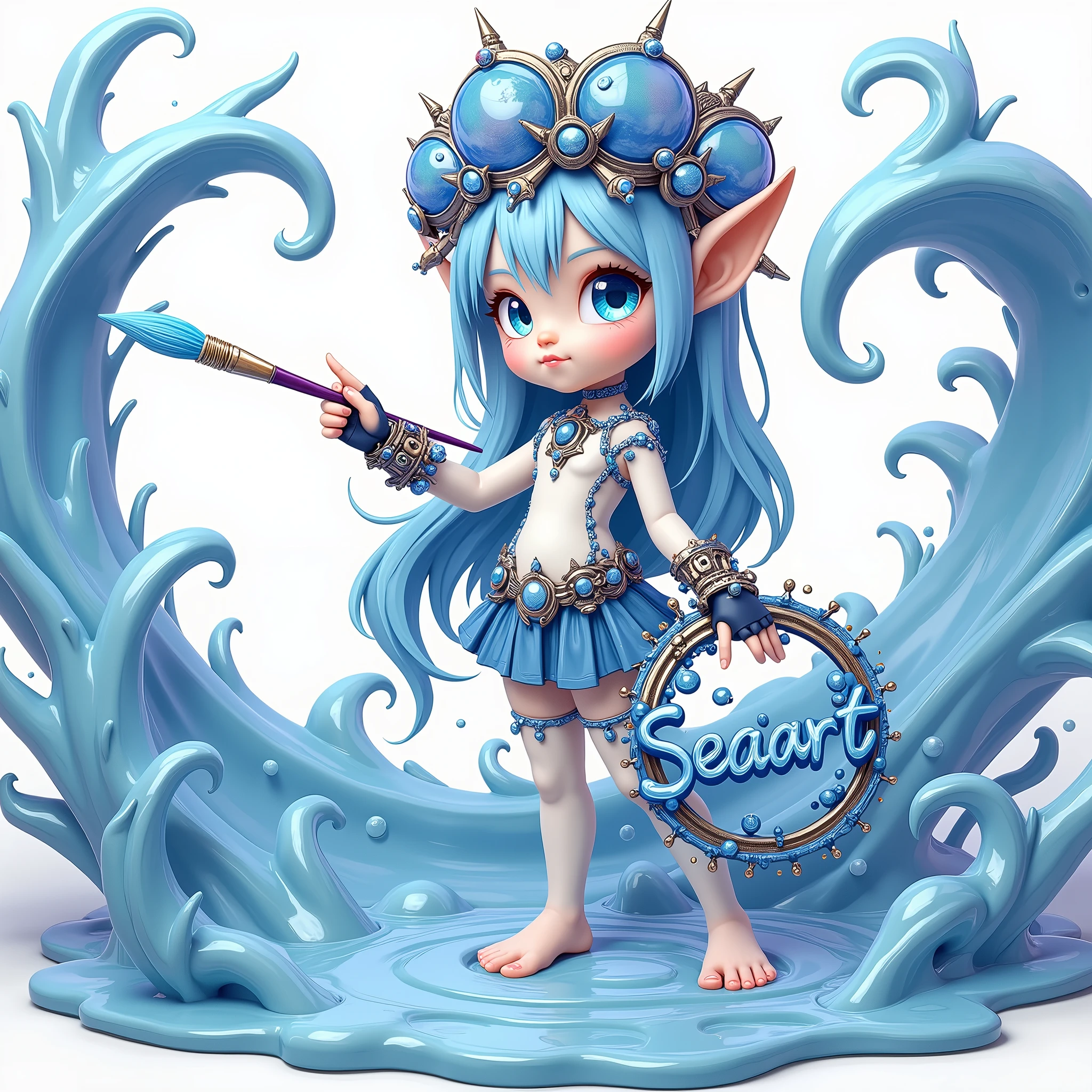 cute，A blue sea elf，Wearing clothes made from seawater，Wearing a digitally-made blue sea painter&#39;s hat，Barefoot，Holding a paintbrush in left hand，Right hand pointing forward，On the right hand, there is a large circle made of blue sea water with the word &quot;seaart&quot; written on it.，Swirl shape，Swirl shape，Curious expression，A person poses for painting，White Art World Background，Perfect Light，High image quality，Extraordinary texture，High-resolution details，Masterpieces，Vivid colors，High contrast tones，Cool colors，Fantasy style，Perfect Light，High image quality，Extraordinary texture，Chibi，3D Rendering，Unreal Engine，C4D，OC Renderer，Ray Tracing，Long-distance shooting