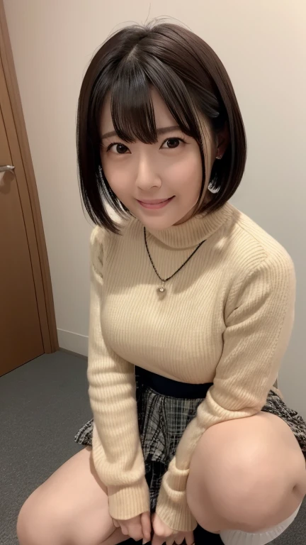 Main Piece、high quality、High resolution、1 girl,single, Ruka Sarashina、jewelry、skirt、Open neck sweater、necklace、black skirt、Black Hairの女性、Short Hair、Black Hair,Beige ribbed sweater、socks、sweater with turtleneck、turtleneck、white socks, blue eyes, Long sleeve, skirt pleated black, bow, bow, Blue hair band, bangs, Big and full breasts, Clevis, Medium Waist, Medium Hips, Wide thighs, cowboy pictures, smile, Attractive, Embarrassing, Hotel Rooms, In bed, On all fours , Looking at the audience,throw(From above),Very large breasts、Clevis、No.、No pants、No pants、Peeing、Shopping Street