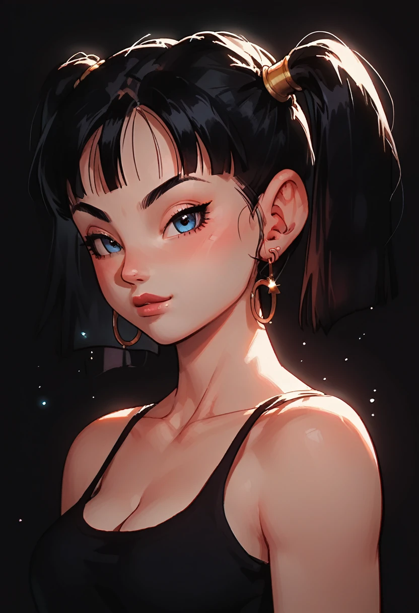 score_9, score_8_up, score_8, score_9, 1girl, source_anime, videl from Dragon Ball Z, double ponytails hairstyle, detailed eyes, beautiful eyes, perfect breast, big breast, sport bra, v3v3n14n, venetia blinds lighting, light particles