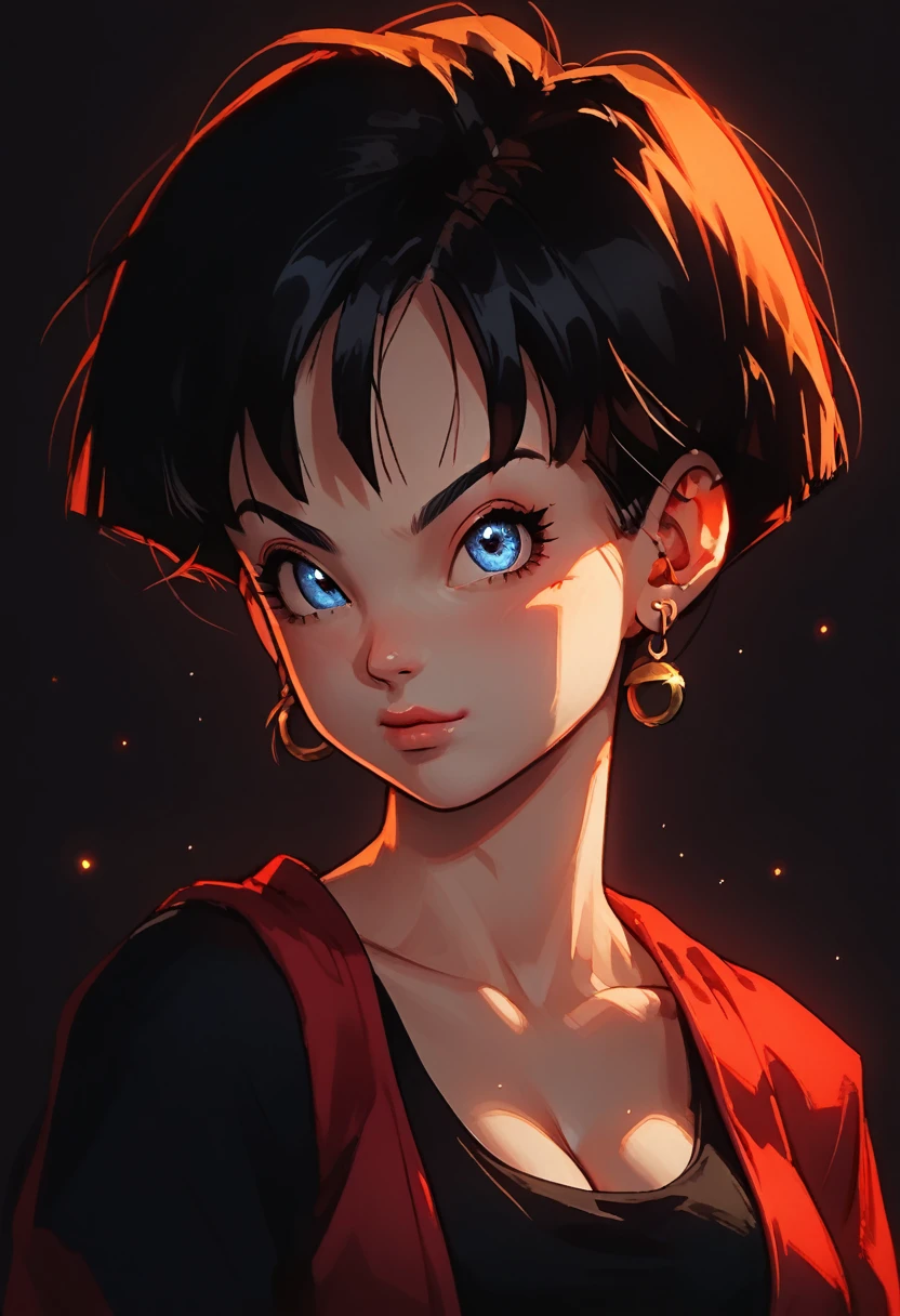 score_9, score_8_up, score_8, score_9, 1girl, source_anime, videl from Dragon Ball Z, double ponytails hairstyle, detailed eyes, beautiful eyes, perfect breast, big breast, sport bra, v3v3n14n, venetia blinds lighting, light particles