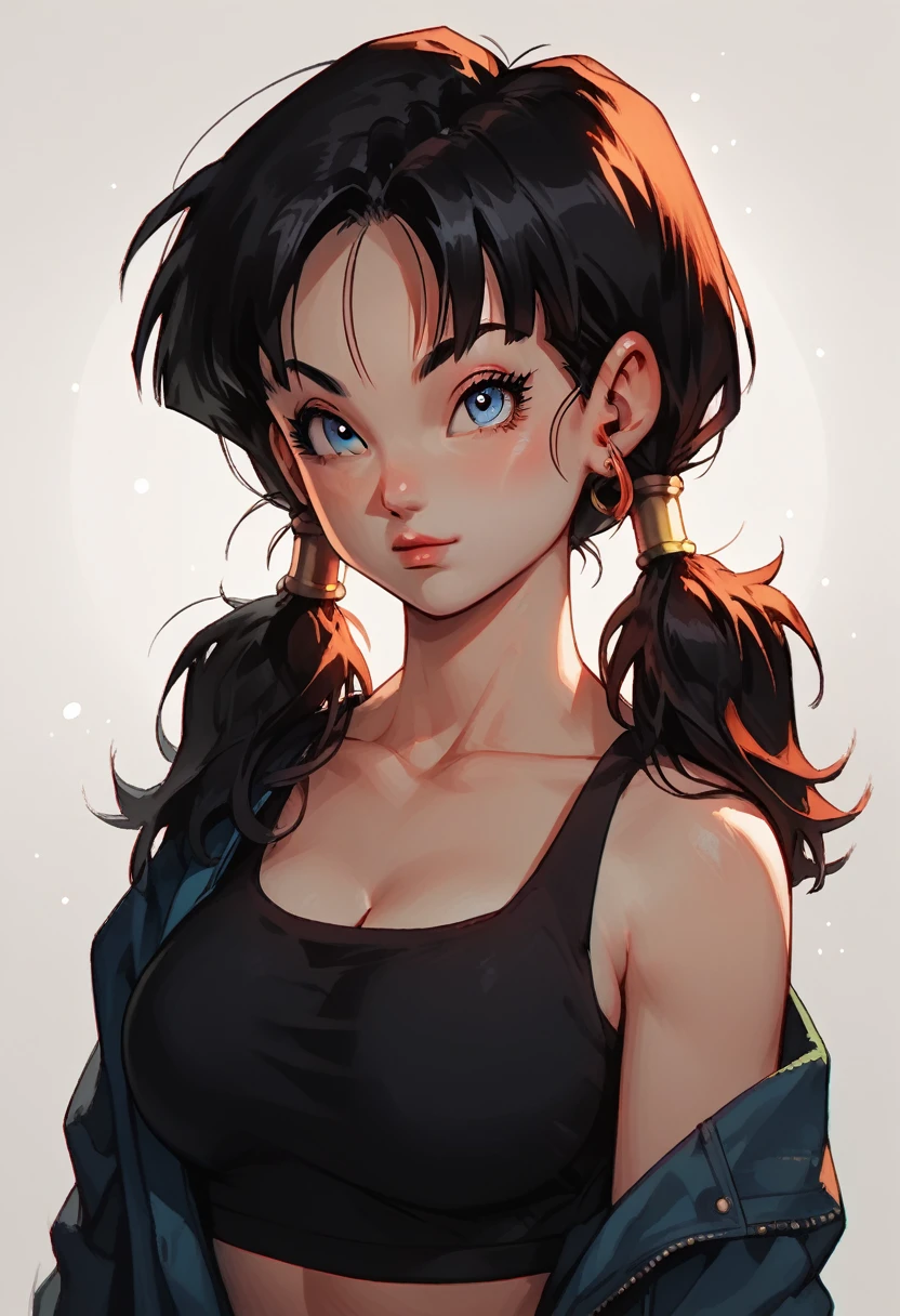 score_9, score_8_up, score_8, score_9, 1girl, source_anime, videl from Dragon Ball Z, double ponytails hairstyle, detailed eyes, beautiful eyes, perfect breast, big breast, sport bra, v3v3n14n, venetia blinds lighting, light particles