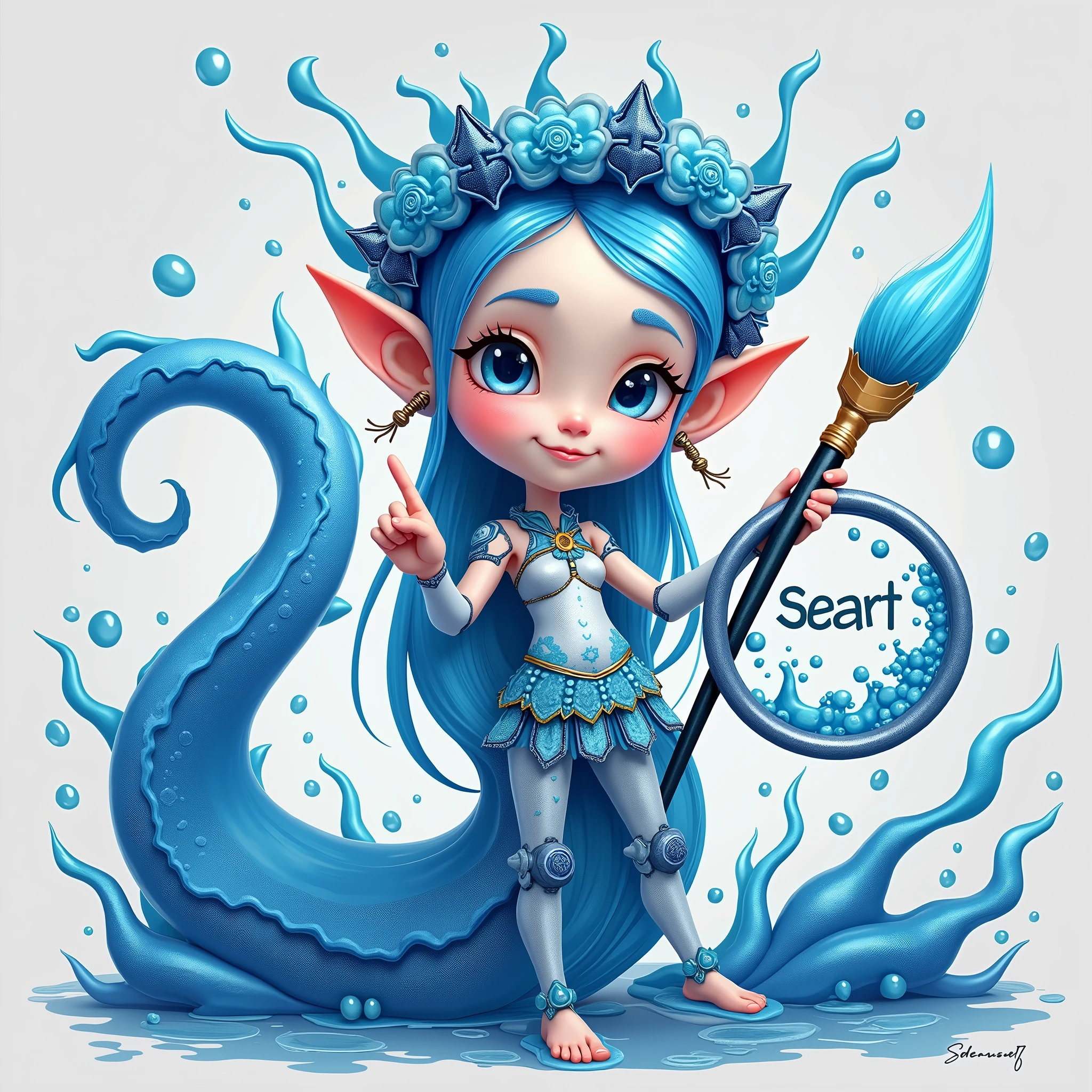 cute，A blue sea elf，Wearing clothes made from seawater，Wearing a digitally-made blue sea painter&#39;s hat，Barefoot，Holding a paintbrush in left hand，Right hand pointing forward，On the right hand, there is a large circle made of blue sea water with the word &quot;seaart&quot; written on it.，Swirl shape，Swirl shape，Curious expression，A person poses for painting，White Art World Background，Perfect Light，High image quality，Extraordinary texture，High-resolution details，Masterpieces，Vivid colors，High contrast tones，Cool colors，Fantasy style，Perfect Light，High image quality，Extraordinary texture，Chibi，3D Rendering，Unreal Engine，C4D，OC Renderer，Ray Tracing，Long-distance shooting