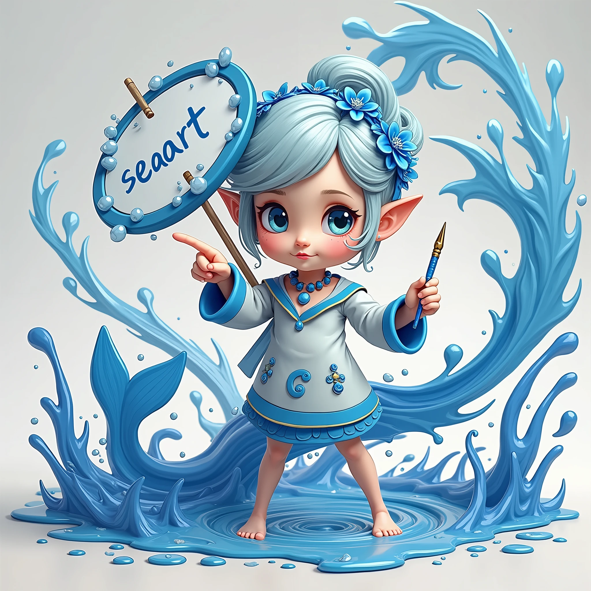 cute，A blue sea elf，Wearing clothes made from seawater，Wearing a digitally-made blue sea painter&#39;s hat，Barefoot，Holding a paintbrush in left hand，Right hand pointing forward，On the right hand, there is a large circle made of blue sea water with the word &quot;seaart&quot; written on it.，Swirl shape，Swirl shape，Curious expression，A person poses for painting，White Art World Background，Perfect Light，High image quality，Extraordinary texture，High-resolution details，Masterpieces，Vivid colors，High contrast tones，Cool colors，Fantasy style，Perfect Light，High image quality，Extraordinary texture，Chibi，3D Rendering，Unreal Engine，C4D，OC Renderer，Ray Tracing，Long-distance shooting