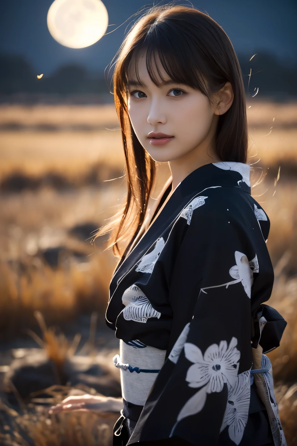 1 girl, (She is wearing a cute yukata:1.2), Very beautiful Japanese idol portraits(RAW Photo Best Quality), (Realistic, Realistic:1.4), (masterpiece), 
Very delicate and beautiful, Very detailed, 2k wallpaper, wonderful, finely, Very detailed CG Unity 8K wallpaper, Very detailed, High resolution, Soft Light, 
Beautiful detailed girl, Very detailed目と顔, Beautiful and sophisticated nose, Beautiful beautiful eyes, Cinema Lighting, 
(Late Autumn Moonlit Night、I was standing in a desolate field:1.3), (Big Moon), (Full-body silhouette of a girl floating in the moonlight:1.2), (Dark screen:1.5), (Desolate landscape), (I am so lonely),
(Medium Hair), (Hair blowing in the wind), 
Perfect Anatomy, Slender body, Small breasts