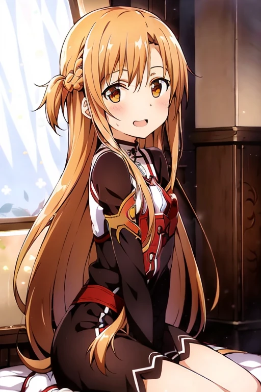 ((Best Quality)), ((masterpiece)), (be familiar with), Perfect Face, indoor, bedroom, Watching the audience,
One woman, Yuuki Asuna,
Open Mouth, Ecstatic expression, blush, smile,
Small breasts, Flat Chest, , , child, Girl,
Long Hair, Long Hair,
Leg spread,