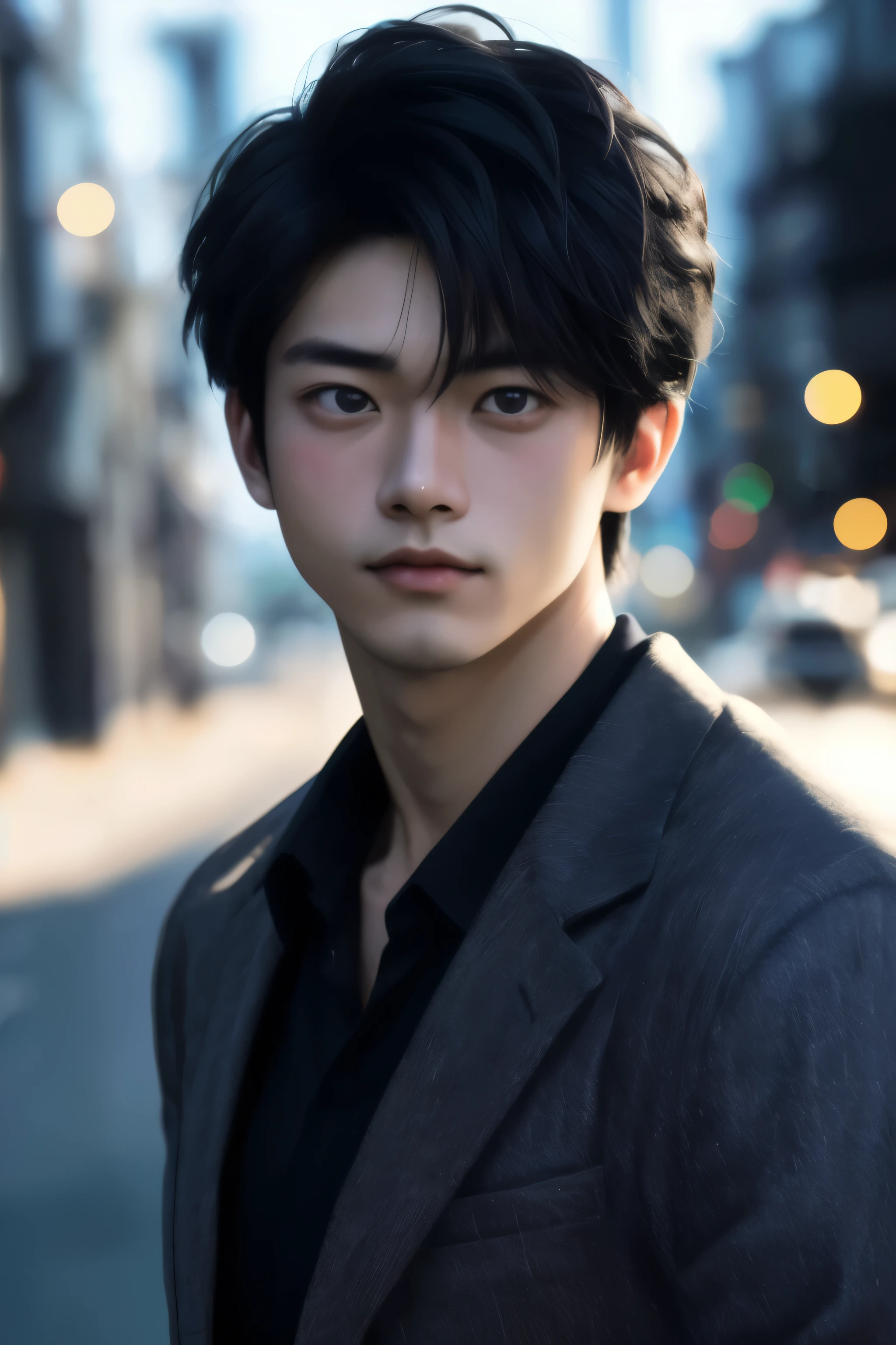 portrait of a young Japanese 15-year boy 1, , manly, hairy, muscle, undercut short black hair, peal skin, very tick eyes brow, big and black shining eyes, picture from a movie shot, soft light, 8k, sharp an bright, background is the soft blue bokeh, the best quality picture