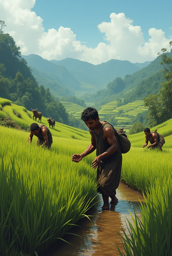 3 naked men carrying pots and pouring water into the river