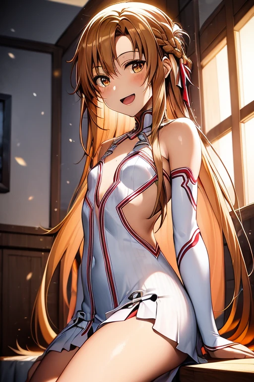 ((Best Quality)), ((masterpiece)), (be familiar with), Perfect Face, indoor, bedroom, Watching the audience,
One woman, Yuuki Asuna,
Open Mouth, Ecstatic expression, blush, smile,
Small breasts, Flat Chest, , , child, Girl,
Long Hair, Long Hair,
Leg spread,