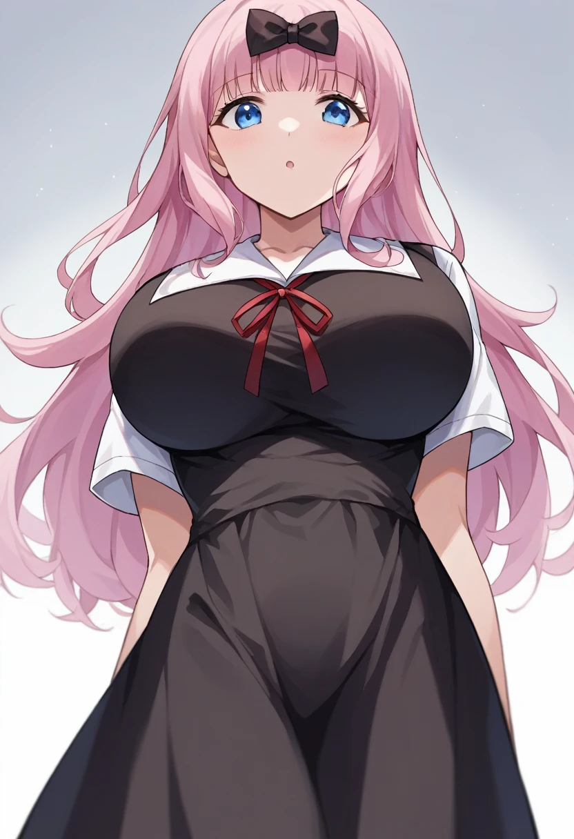 score_9, score_6_up, source_anime, 1girl, Alone,White background, chika, blue eyes, pink hair, hair bow, ( black bow, black dress, white sailor collar, neck ribbon, red ribbon, short sleeves, white shirt),,Huge breasts、Long chest、Support the breast with both hands、From below、Slim body