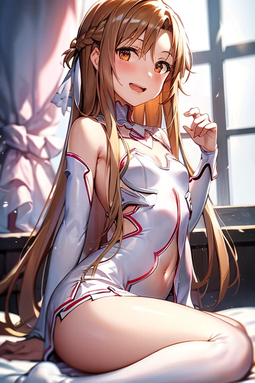 ((Best Quality)), ((masterpiece)), (be familiar with), Perfect Face, indoor, bedroom, Watching the audience,
One woman, Yuuki Asuna,
Open Mouth, Ecstatic expression, blush, smile,
Small breasts, Flat Chest, , , child, Girl,
Long Hair, Long Hair,
Leg spread,