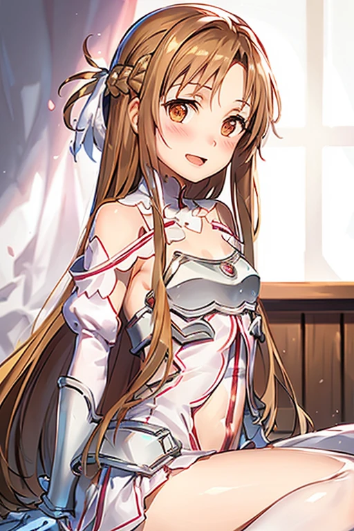 ((Best Quality)), ((masterpiece)), (be familiar with), Perfect Face, indoor, bedroom, Watching the audience,
One woman, Yuuki Asuna,
Open Mouth, Ecstatic expression, blush, smile,
Small breasts, Flat Chest, , , child, Girl,
Long Hair, Long Hair,
Leg spread,