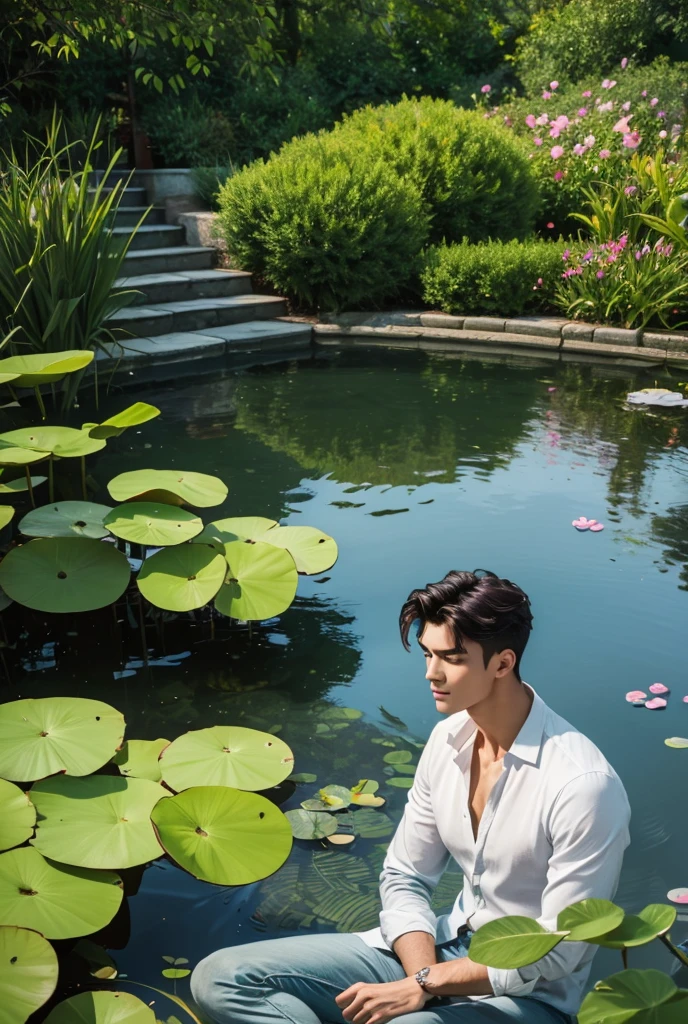 UHD, A tall handsome muscular man with broad shoulders and a calm expression sits at the edge of a serene water garden, his feet dipped into the cool, clear water. His shirt unbuttoned, reveals his sculpted chest and abs, his skin bronzed from the sun. His short, slightly damp hair clings to his forehead as he runs a hand through it, deep in thought. Around him, large lily pads float lazily on the surface of the water, and delicate water lilies bloom in shades of white and pink. The garden is filled with tall reeds and weeping willows, their branches dipping gracefully into the pond. The gentle trickle of water from a nearby fountain adds to the peaceful atmosphere, and his eyes are fixed on the ripples in the water, reflecting the calm serenity of the garden. His presence blends effortlessly with the scenery creating a sense on sensuality and allure.