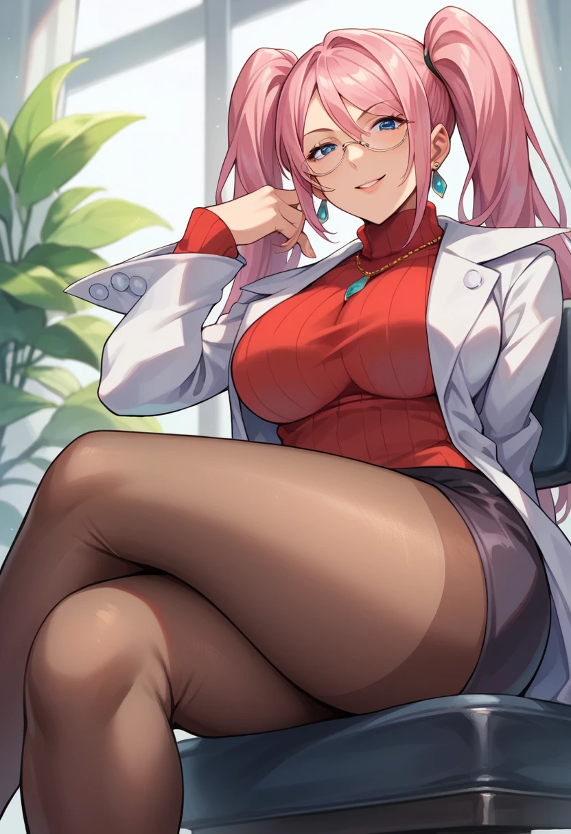 score_9, score_8_up, score_7_up, score_6_up, source_anime, BREAK 1girl, solo,seductive smile, blue eyes, pink hair, double ponytails hairstyle, glasses, earrings, necklace, labcoat, red sweater, turtleneck, black miniskirt, pantyhose, big breasts, school,infirmary,chair,sitting, crossed legs,from below, big breasts, thick tights