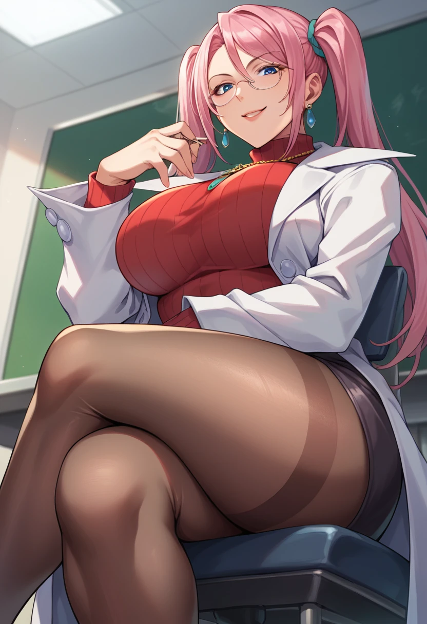 score_9, score_8_up, score_7_up, score_6_up, source_anime, BREAK 1girl, solo,seductive smile, blue eyes, pink hair, double ponytails hairstyle, glasses, earrings, necklace, labcoat, red sweater, turtleneck, black miniskirt, pantyhose, big breasts, school,infirmary,chair,sitting, crossed legs,from below, big breasts, thick tights