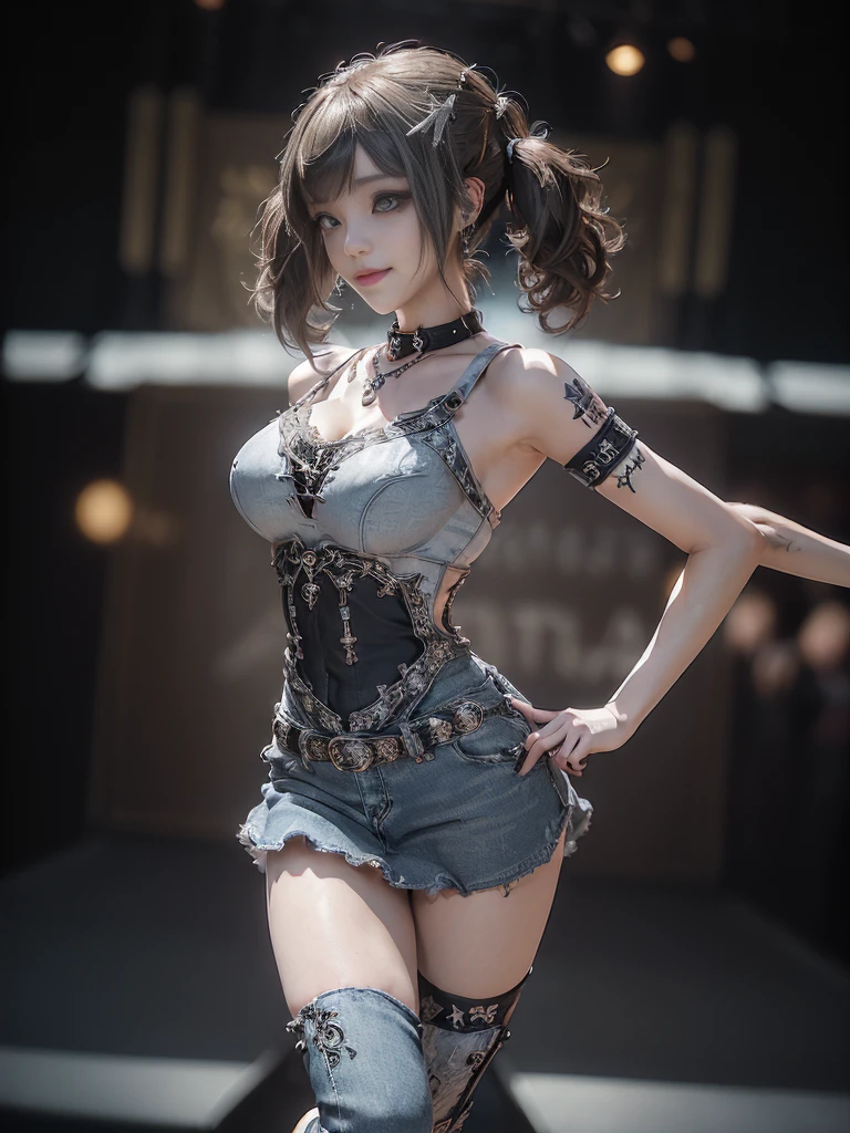 (Full Body View:1.4)、(Side view:1.1)、(Smiling with teeth showing:1.3),(Shibuya Gal:1.5)、(Gothic Lolita style fashion:1.5)、(Punk RockVisual Kei:1.5)、(Wearing a rhythmic gymnastics bodysuit with intricate details:1.4)、(Cloak de cour with delicate decorations in white, denim and turquoise:1.5)、(Denim with turquoise and white boots:1.3)、((belt))、(Numerous delicate logo marks all over the costume:1.4)、(collar:1.3)、(Striped underwear:1.5)、20-year-old、NSFW、((Highest quality、In 8K、masterpiece:1.3))、Sharp focus:1.2、(Layered Cut、Beautiful boobs:1.1),Beautiful woman with perfect figure:1.4、(Sexy Gravure Pose:1.3)、Slender Abs:1.2、Highly detailed face and skin texture、Detailed eyes、double eyelid,(Twin tails:1.3)、(Brown-golden hair:1.3)、Gravure idol、(The background is the stage of the fashion show:1.3)、(Slim body:1.3),(Make your legs thinner:1.4),(clavicle:1.1)、(Thin thighs:1.2)