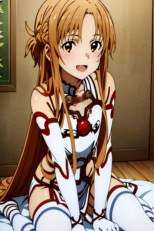 ((Best Quality)), ((masterpiece)), (be familiar with), Perfect Face, indoor, bedroom, Watching the audience,
One woman, Yuuki Asuna,
Open Mouth, Ecstatic expression, blush, smile,
Small breasts, Flat Chest, , , child, Girl,
Long Hair, Long Hair,
Leg spread,