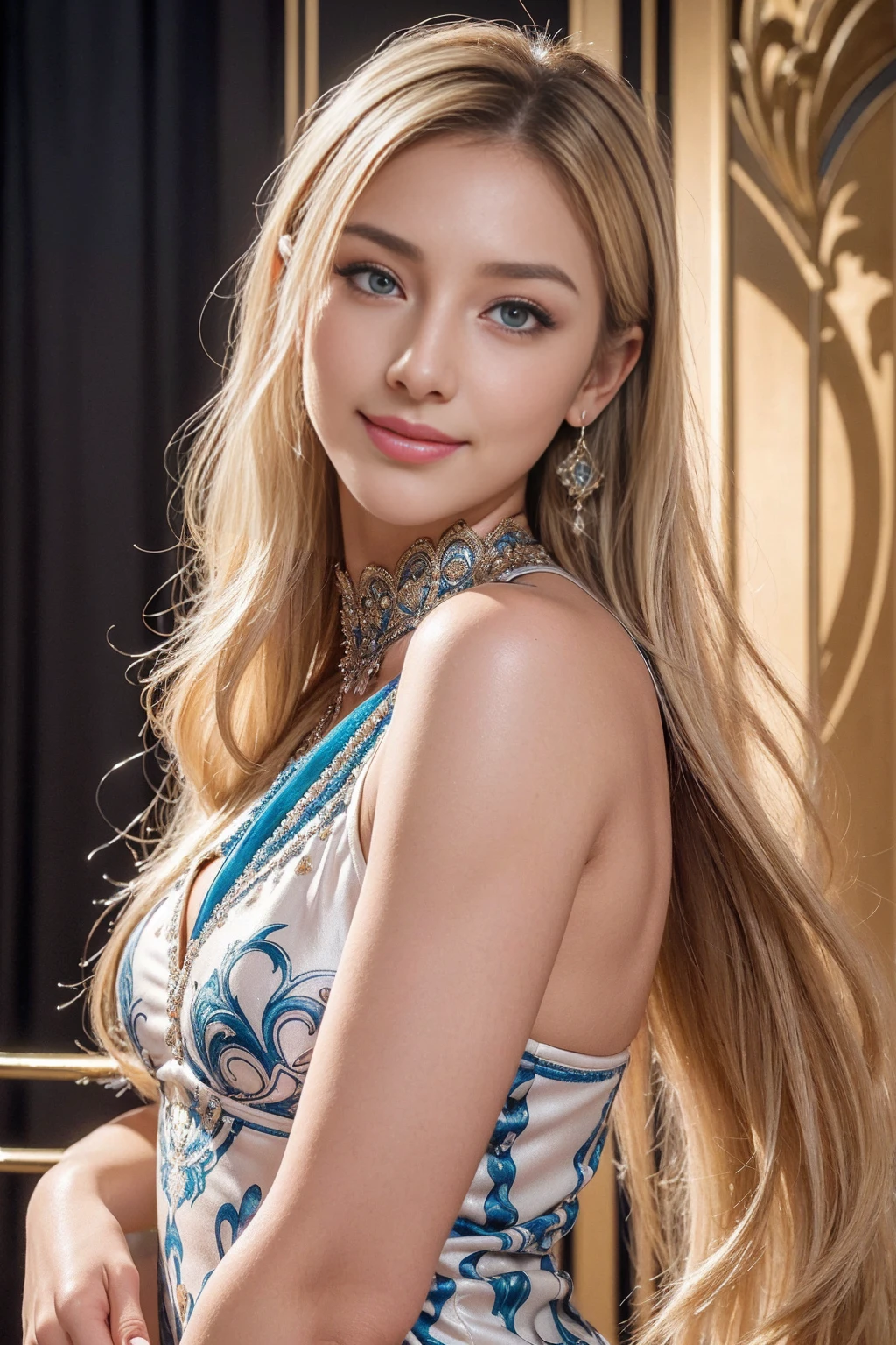 (masterpiece:1.4), (best quality:1.4), 4k, 8k, ultra high res, ultra high resolution, ultra detailed, ((detailed facial features)), HDR, (realistic, photorealistic, photo-realistic:1.37), closeup, sexy seductive Swedish model, (happy smile), (small breasts), (slim girl), long lashes, ultra detailed makeup, defined eyebrows, platinum blonde hair, fair skin, elegant posture, wearing large sparkling colorful jewelry, wearing a business style leather dress, standing in a large shopping mall, gentle sunlight shining through the shopping mall windows, casting a soft glow on her face, adding warmth to the scene, vibrant colors, capturing the essence of vibrant city life, portrait style, showcasing her natural beauty and grace in a feminine way