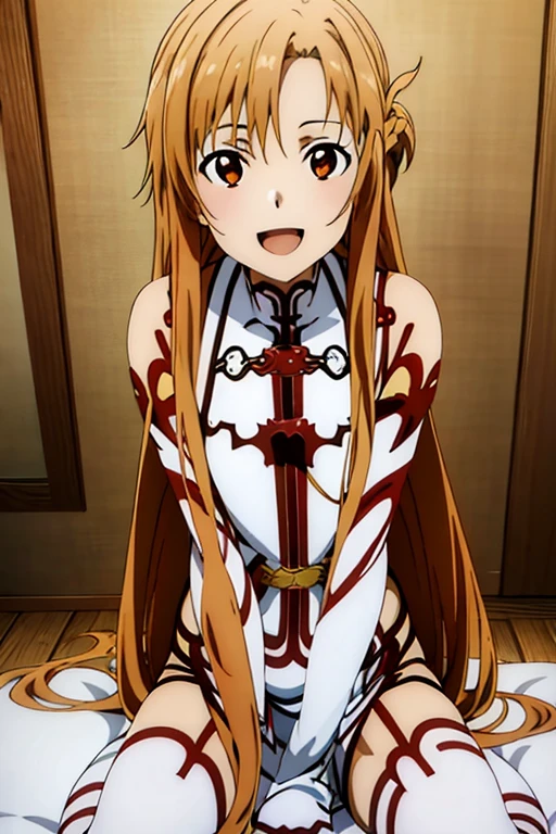 ((Best Quality)), ((masterpiece)), (be familiar with), Perfect Face, indoor, bedroom, Watching the audience,
One woman, Yuuki Asuna,
Open Mouth, Ecstatic expression, blush, smile,
Small breasts, Flat Chest, , , child, Girl,
Long Hair, Long Hair,
Leg spread,