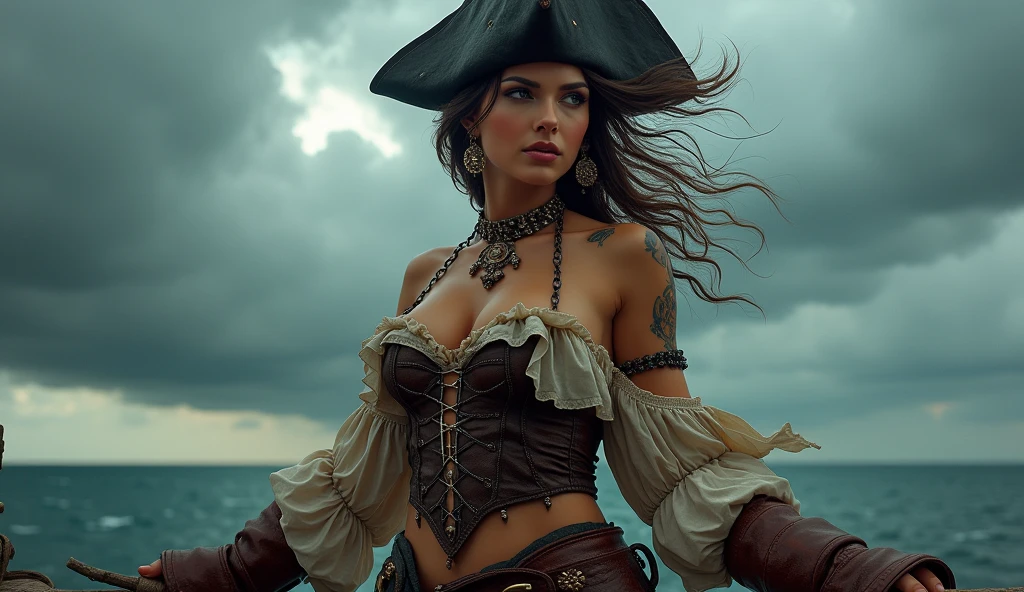 Mulher pirata em seu navio,sexy corpo inteiro,braided hair,leather hat,cigarro na boca,eye patch with skull design,segurando uma pistola flintlock,tatuagem,Navios piratas BREAK,mar,sol,suar,Fruta laranja,corda,Artwork,..3d,4k,circunstanciado,Realistic,Arte digital altamente detalhada em 4k,octan render, bioluminescente, BREAK 8K resolution concept art, realismo,by Mappa Studios,master part,best quality,Arte Oficial,illustration,Linha clara,(Fresco_Cor),perfect composition,absurdos, fantasia,concentrado,rule of thirds