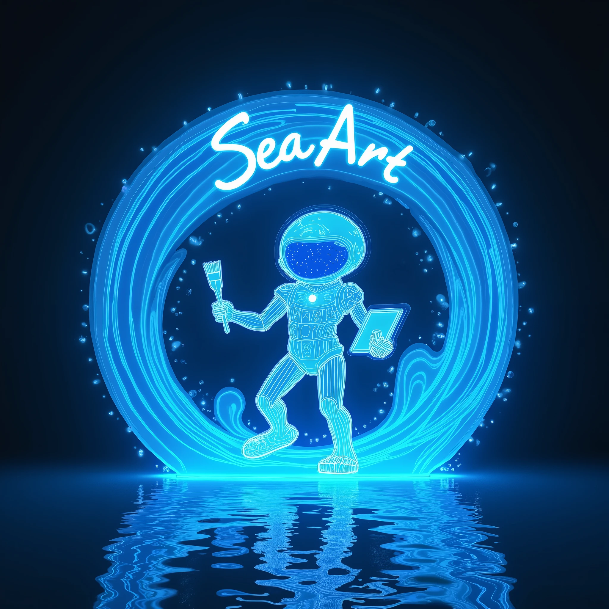 Design a unique cartoon mascot character named 'ArtWave,' representing a futuristic AI-driven art platform called 'SeaArt.' The character has a flowing, liquid-like body made of holographic light waves, blending organic and mechanical elements to resemble a humanoid or oceanic creature. Its body shape changes according to its artistic inspiration, with glowing lines symbolizing data streams flowing across its form. Its hands morph into futuristic art tools like light beam pens or floating holographic canvases, and small hovering assistants surround it, acting as its virtual art canvases. The face is abstract, composed of changing geometric shapes and light beams instead of traditional features. Its eyes glow with energy, shifting colors based on emotions and creative flow. The overall design combines elements of oceanic fluidity, futuristic technology, and art creation in a visually striking and original way, fitting for a mascot that represents the infinite possibilities of AI-powered art.