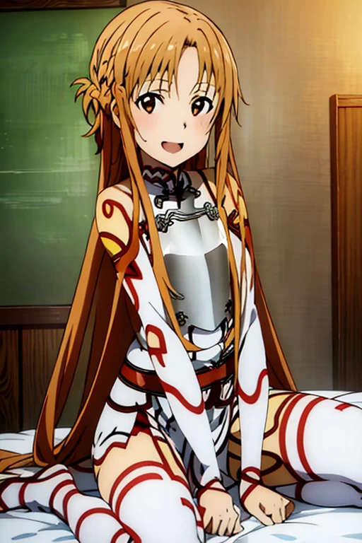 ((Best Quality)), ((masterpiece)), (be familiar with), Perfect Face, indoor, bedroom, Watching the audience,
One woman, Yuuki Asuna,
Open Mouth, Ecstatic expression, blush, smile,
Small breasts, Flat Chest, , , child, Girl,
Long Hair, Long Hair,
Leg spread,