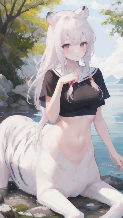 (best quality, masterpiece), 1 girl, centaur, It takes, White skin, korean ,daughter, black pink , abdominal exposure, exposed navel , 아름다운 소녀 perfect white tiger photo, perfect white tiger photo