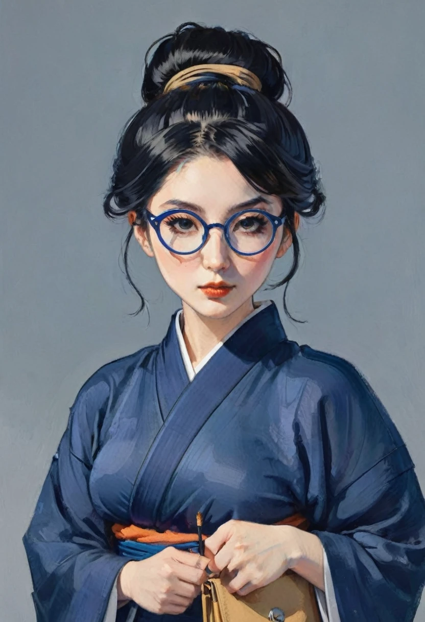 1girl, pale skin, dark blue kimono, round glasses, thick outlines, side pouch, black hair, tied in a bun, needle pin in bun,big breasts, black eyes, Cell-shaded art style, stylized visuals, flat shading, high contrast light and shadow, minimal shadow and detail, vivid and vibrant colors, simple color palette, bold line work, flat and two-dimensional,
