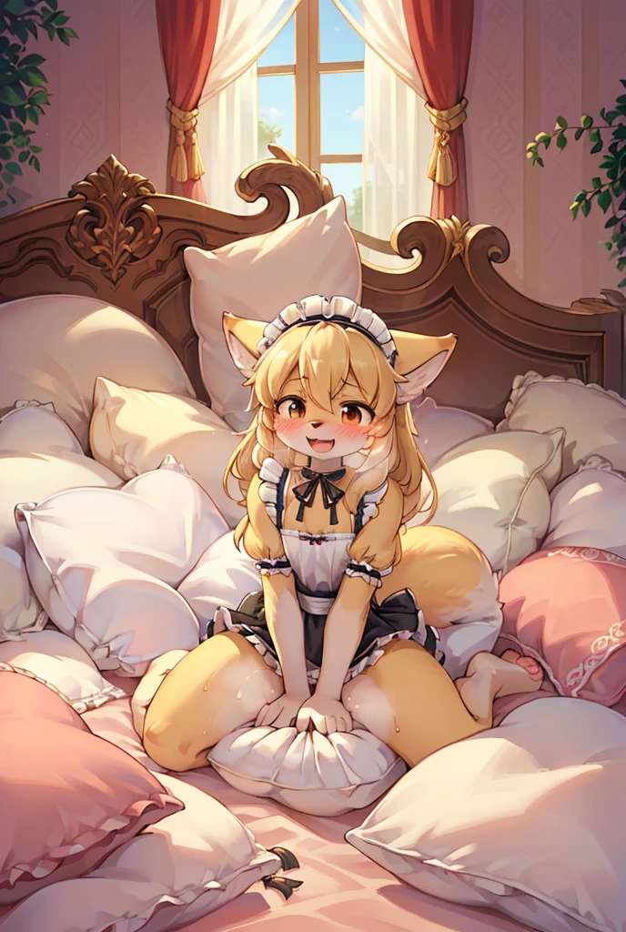 （masterpiece，best quality），mine, The Beast, , (Light and shadow suitable for any Pillow background））, 穿着Maid costume的可爱女孩在Pillow上摆姿势,，Maid costume，nature,, (blush),a smile，Pillow,（Lots of Pillow），Soft cushion，（canopy bed），（Pillow），Lots of Pillow，（Friction in the crotch），（（Pillow Hump）），（A tail），（Around the protagonist），steam，（Pillow），（Luxury Pillow），（Palace Pillow Pattern Pillow），（palace），（Palace bedroom），（Gorgeous Pattern Pillow），Soft Pillow，，（Classical European style bedroom ），（excited，shy person，Lack of expressiveness，），pillow hump,，(Deluxe Rococo Canopy King Bed),Luxurious curtains with ornate ruffles and ribbons hang around the large bed.,((((The bed is piled with many Pillows)))),Quilt details,Detailed bed linen,Ruffled Bed Skirt,Deep Bed,Background with depth,((Pillow in detail)), ((((A Lot of Pillow))))，,，Detailed Soft Pillow,,((女孩正躺在许多Soft Pillow上,There are many Pillows around))，、、In a large canopy bed、Soft sheets and quilts、Colorful soft Pillow、Lots of Pillow、Soft toned bed、Ruffled curtains around the bed.。Delicate face，（Ornate pattern pillow），Soft pillows，，（Classical European style bedroom ），（Excited face，Opened his mouth，Shy，），,MASTURBATING WITH PILLOW,，，FORTUNES，fox girl，，sweaty，，sitting，，Blushing，Shy,((feet on pillows，feet trample on pillows))