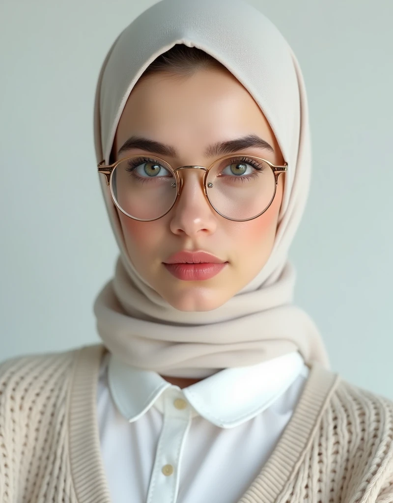 a 22 year woman ((hijab)), beautifull muslem, soft dark white sweater, dark theme, soothing tones, muted colors, high contrast, (natural skin texture, hyperrealism, soft light, sharp), detailed eyes cornea, blush pink cheek ((best quality)), ((ultra resolution)), wearing a plain white collared shirt, white background, smile, natural beauty, glossy lips, (((perfect rounded eye glasses)))