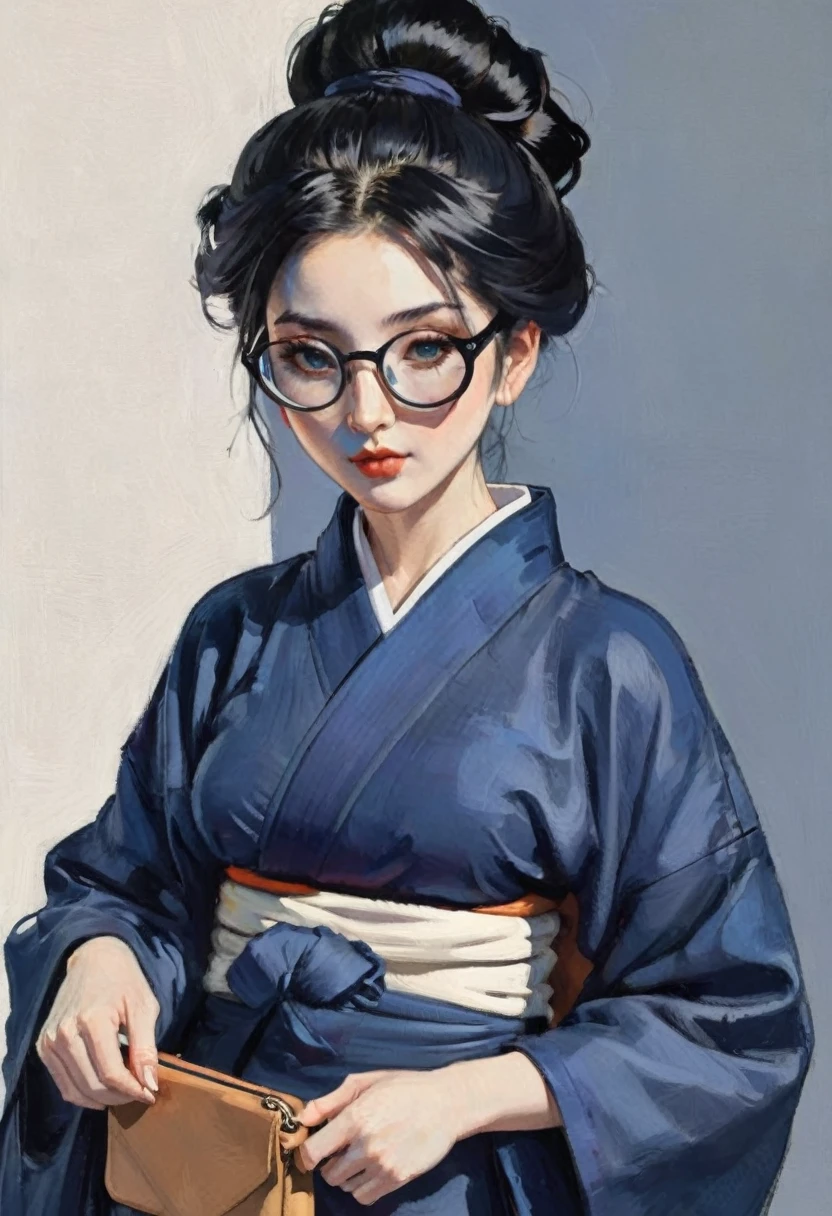 1girl, pale skin, dark blue kimono, round glasses, thick outlines, side pouch, black hair, tied in a bun, needle pin in bun,big breasts, black eyes, Cell-shaded art style, stylized visuals, flat shading, high contrast light and shadow, minimal shadow and detail, vivid and vibrant colors, simple color palette, bold line work, flat and two-dimensional,
