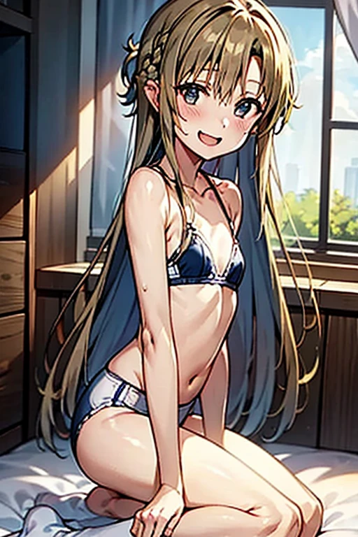 ((Best Quality)), ((masterpiece)), (be familiar with), Perfect Face, indoor, bedroom, Watching the audience,
One woman, Yuuki Asuna,
Open Mouth, Ecstatic expression, blush, smile,
Small breasts, Flat Chest, , , child, Girl,
Long Hair, Long Hair,
Leg spread,