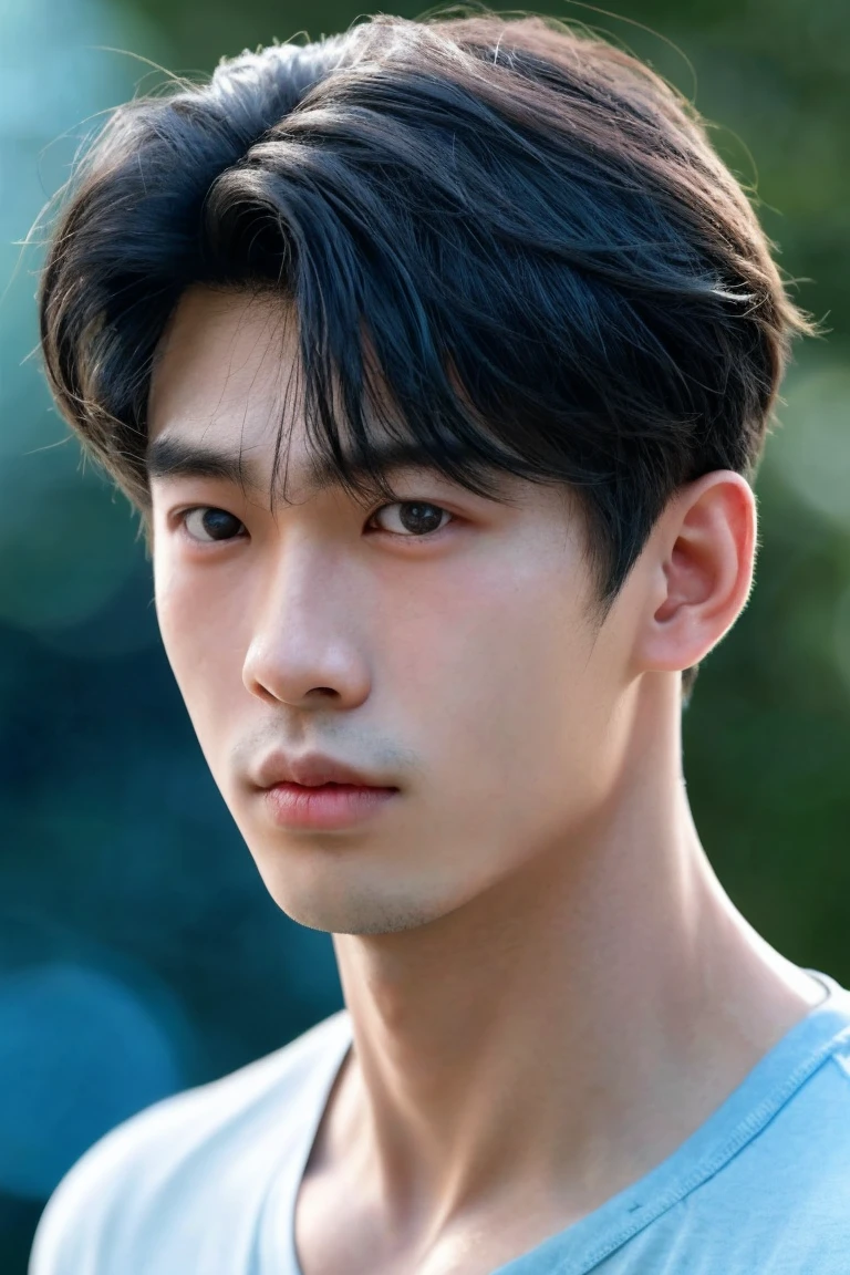 portrait of a young Japanese  1, no shirt,  manly, hairy, muscle,  undercut short black hair, white peal and bright skin, very tick eyes brow, big and black shining eyes, picture from a movie shot, soft light, 8k, sharp an bright, background is the soft blue bokeh, the best quality picture