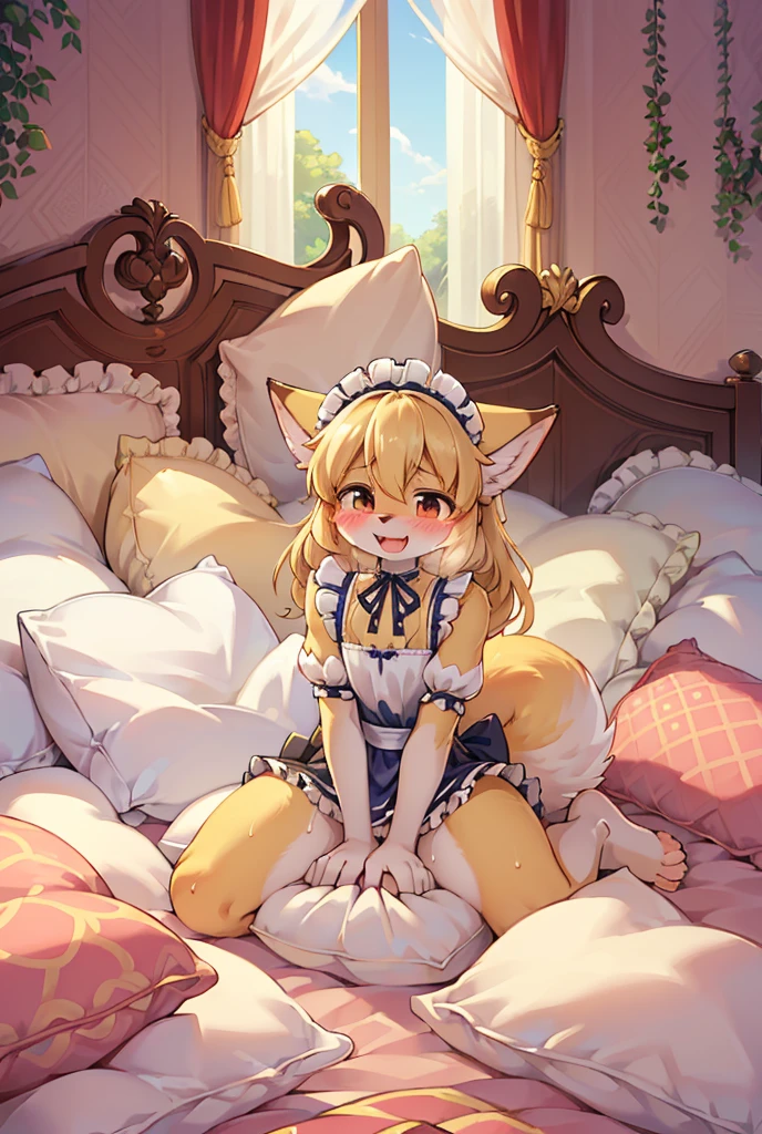 （masterpiece，best quality），mine, The Beast, , (Light and shadow suitable for any Pillow background））, 穿着Maid costume的可爱女孩在Pillow上摆姿势,，Maid costume，nature,, (blush),a smile，Pillow,（Lots of Pillow），Soft cushion，（canopy bed），（Pillow），Lots of Pillow，（Friction in the crotch），（（Pillow Hump）），（A tail），（Around the protagonist），steam，（Pillow），（Luxury Pillow），（Palace Pillow Pattern Pillow），（palace），（Palace bedroom），（Gorgeous Pattern Pillow），Soft Pillow，，（Classical European style bedroom ），（excited，shy person，Lack of expressiveness，），pillow hump,，(Deluxe Rococo Canopy King Bed),Luxurious curtains with ornate ruffles and ribbons hang around the large bed.,((((The bed is piled with many Pillows)))),Quilt details,Detailed bed linen,Ruffled Bed Skirt,Deep Bed,Background with depth,((Pillow in detail)), ((((A Lot of Pillow))))，,，Detailed Soft Pillow,,((女孩正躺在许多Soft Pillow上,There are many Pillows around))，、、In a large canopy bed、Soft sheets and quilts、Colorful soft Pillow、Lots of Pillow、Soft toned bed、Ruffled curtains around the bed.。Delicate face，（Ornate pattern pillow），Soft pillows，，（Classical European style bedroom ），（Excited face，Opened his mouth，Shy，），,MASTURBATING WITH PILLOW,，，FORTUNES，fox girl，，sweaty，，sitting，，Blushing，Shy,((feet on pillows，feet trample on pillows))