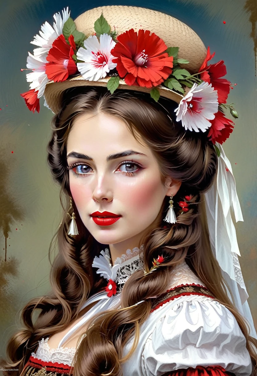 Hungarian Victorian Women Women of the 19th century, brown hair, (beautiful flower hat on her head), red lips, good resource, Vadim Kashin, James Gurney, ink, splatter art", remarkable beauty, Royo, after gender determination, super detailed splatter art modern european ink painting, (((best quality))), (((ultradetailed))), (((masterpiece))), il