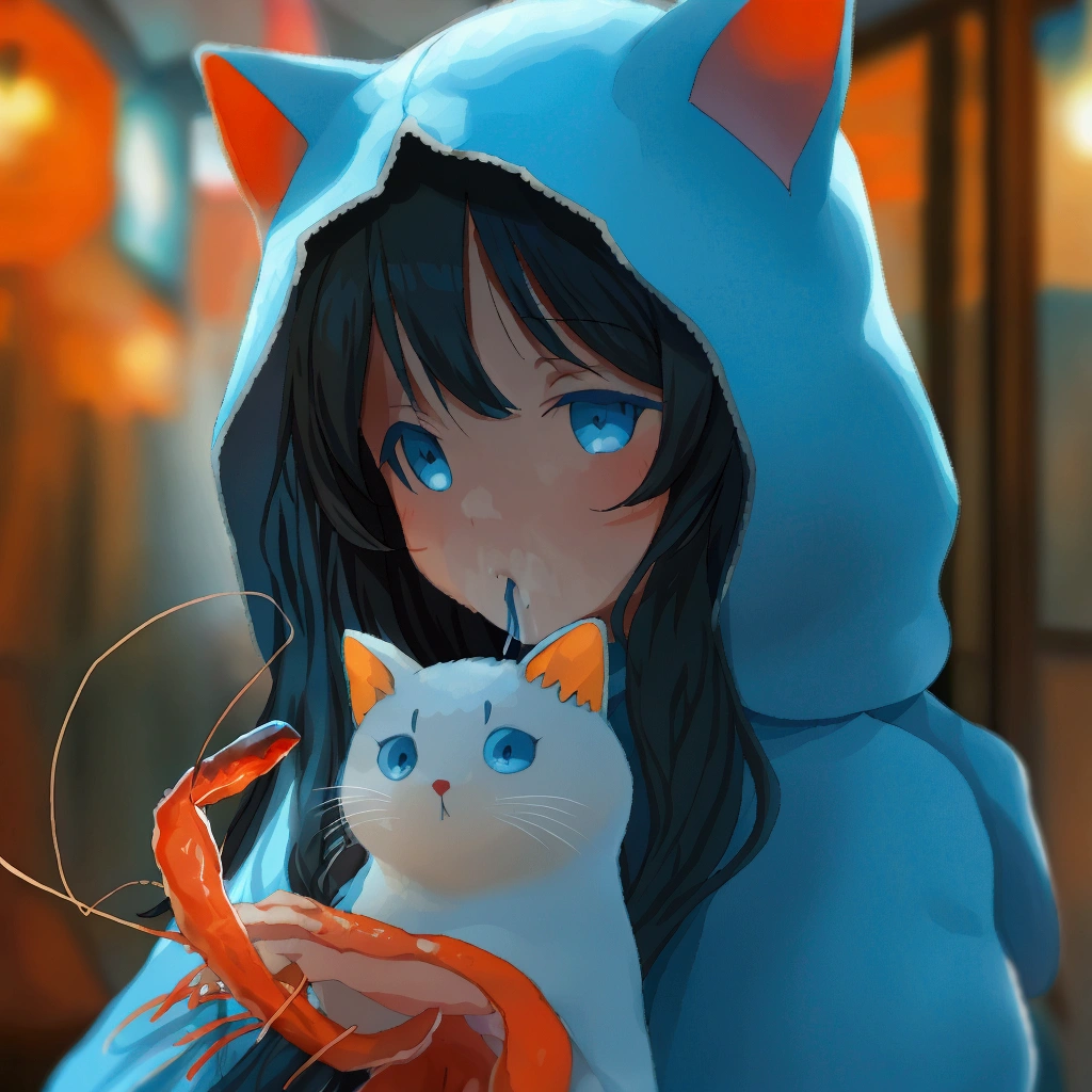 Kawaii anime catgirl wearing pastel blue hoodie, dark blue eyes, long black hair, bored expression, eating shrimps whileholding a cat plush, kawaii background