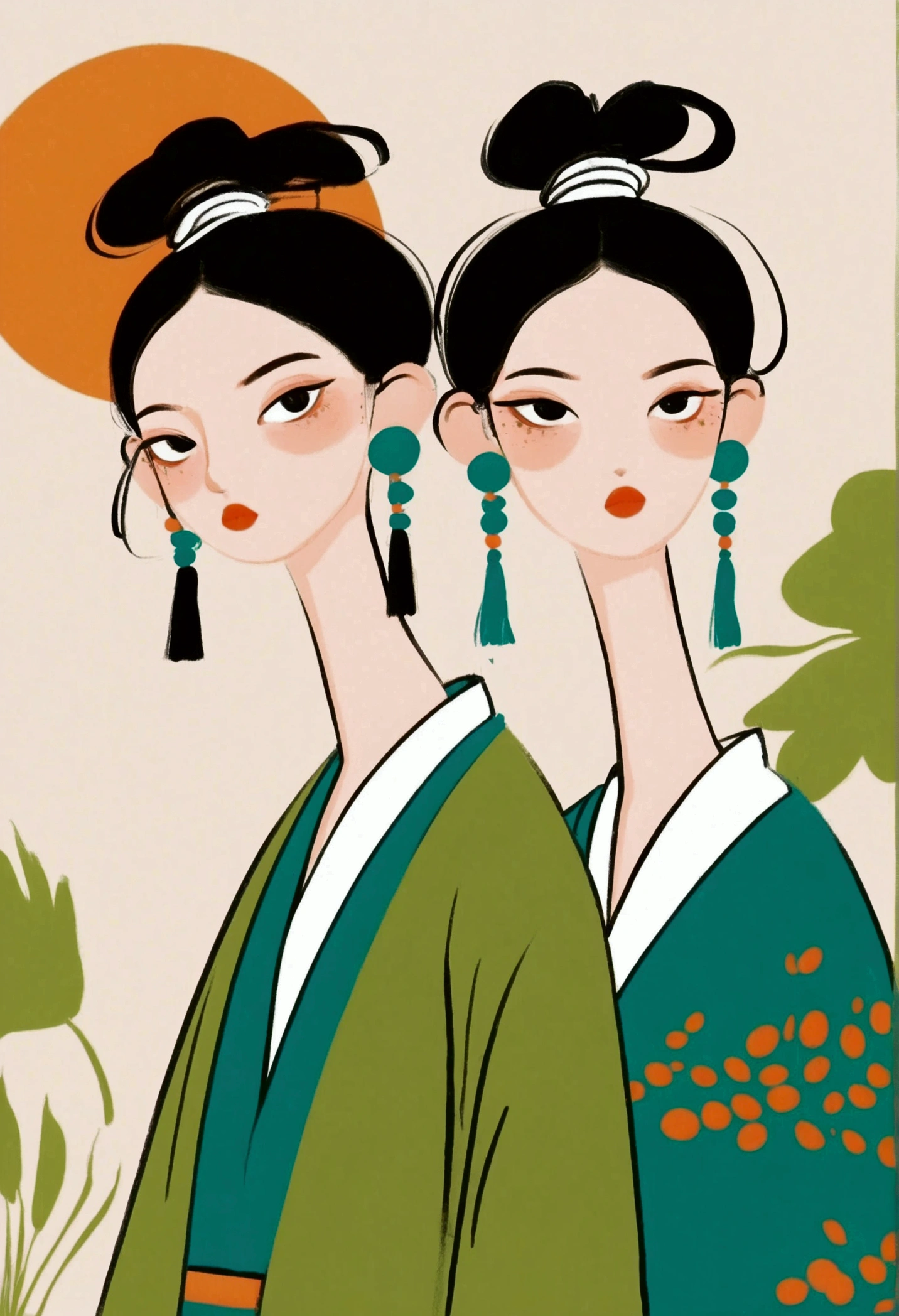 Large target, Blue earrings, Hair tied neatly back, Clothing with abstract patterns，With bold colors such as black, Green, White, and, Neutral interior background. 灯光柔and均匀, Create a calm and composed atmosphere. The viewing angle is frontal，特写聚焦于上半身and配饰.
