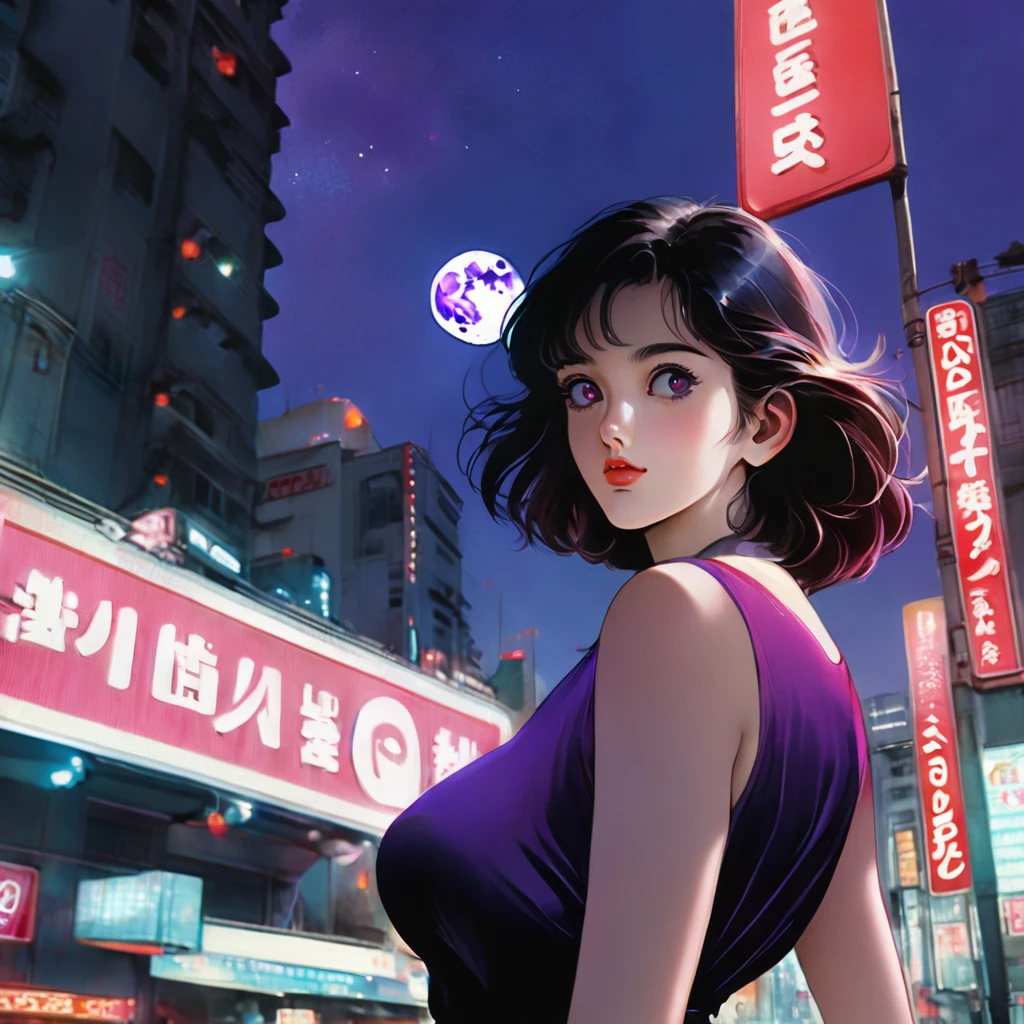 best quality, 4K wallpaper, masterpiece, extremely detailed CG unity wallpaper 8k, extremely detailed eyes, ultra-detailed, intricate details, 1girl, retro art style, neon art style_pop, Public, outdoor, road sign, city,big breasts,moon、Skyscraper、citypop、dance,musicBlue-purple and red-purple gradation、volumetric lights、fashionable cute girl、citypop、pastel colour、Cel painting、OVA、Watercolor Texture、1980s,midnight