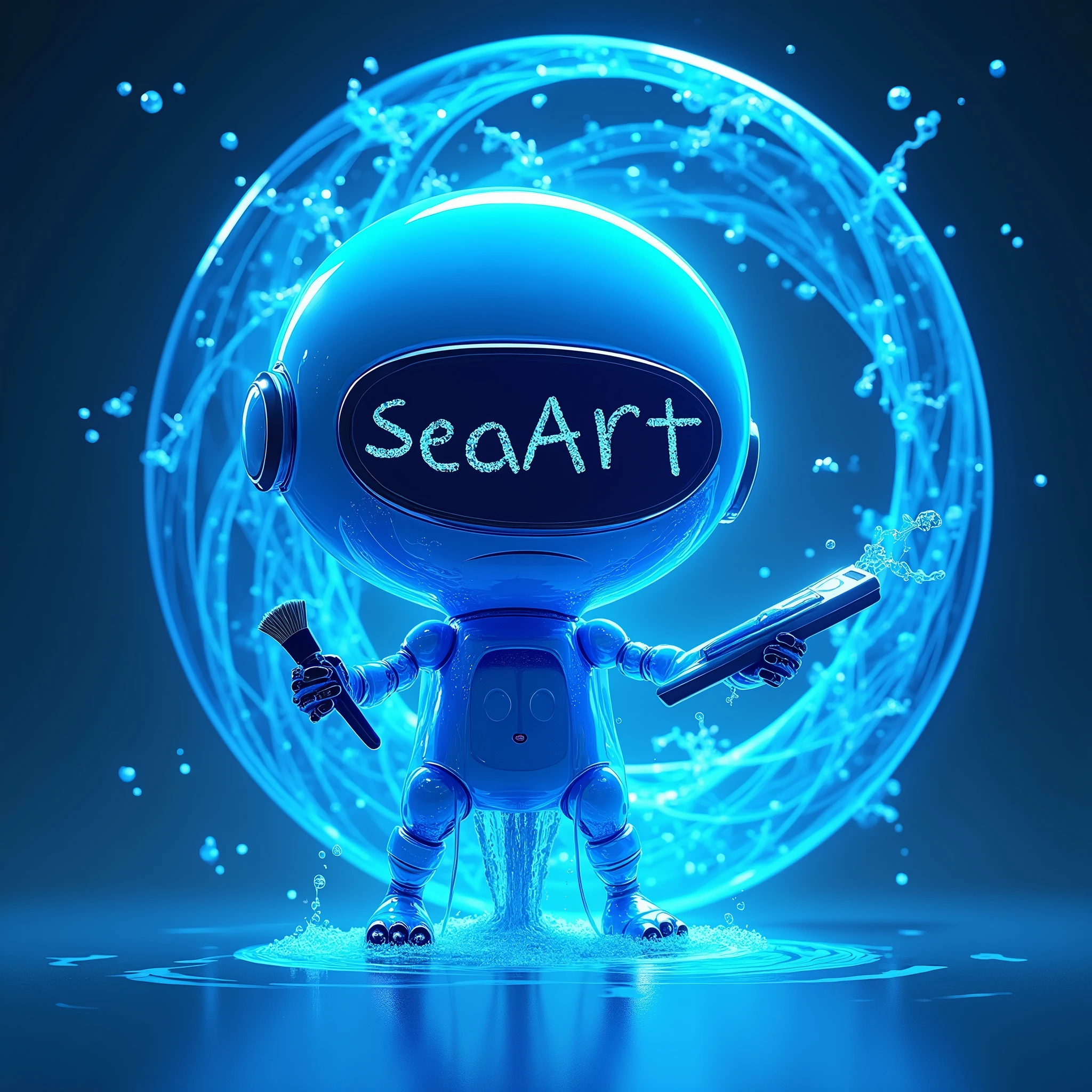 Design a unique cartoon mascot character named 'ArtWave,' representing a futuristic AI-driven art platform called 'SeaArt.' The character has a flowing, liquid-like body made of holographic light waves, blending organic and mechanical elements to resemble a humanoid or oceanic creature. Its body shape changes according to its artistic inspiration, with glowing lines symbolizing data streams flowing across its form. Its hands morph into futuristic art tools like light beam pens or floating holographic canvases, and small hovering assistants surround it, acting as its virtual art canvases. The face is abstract, composed of changing geometric shapes and light beams instead of traditional features. Its eyes glow with energy, shifting colors based on emotions and creative flow. The overall design combines elements of oceanic fluidity, futuristic technology, and art creation in a visually striking and original way, fitting for a mascot that represents the infinite possibilities of AI-powered art.