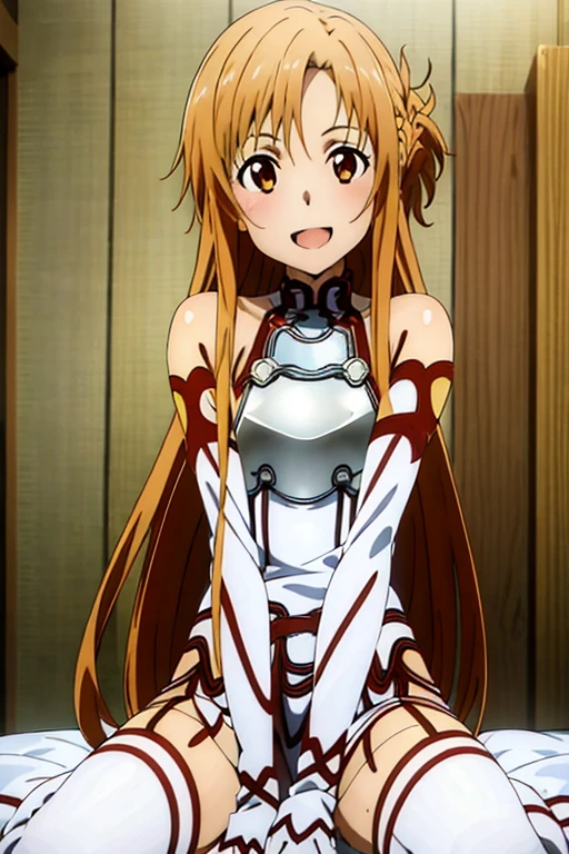 ((Best Quality)), ((masterpiece)), (be familiar with), Perfect Face, indoor, bedroom, Watching the audience,
One woman, Yuuki Asuna,
Open Mouth, Ecstatic expression, blush, smile,
Small breasts, Flat Chest, , , child, Girl,
Long Hair, Long Hair,
Leg spread,