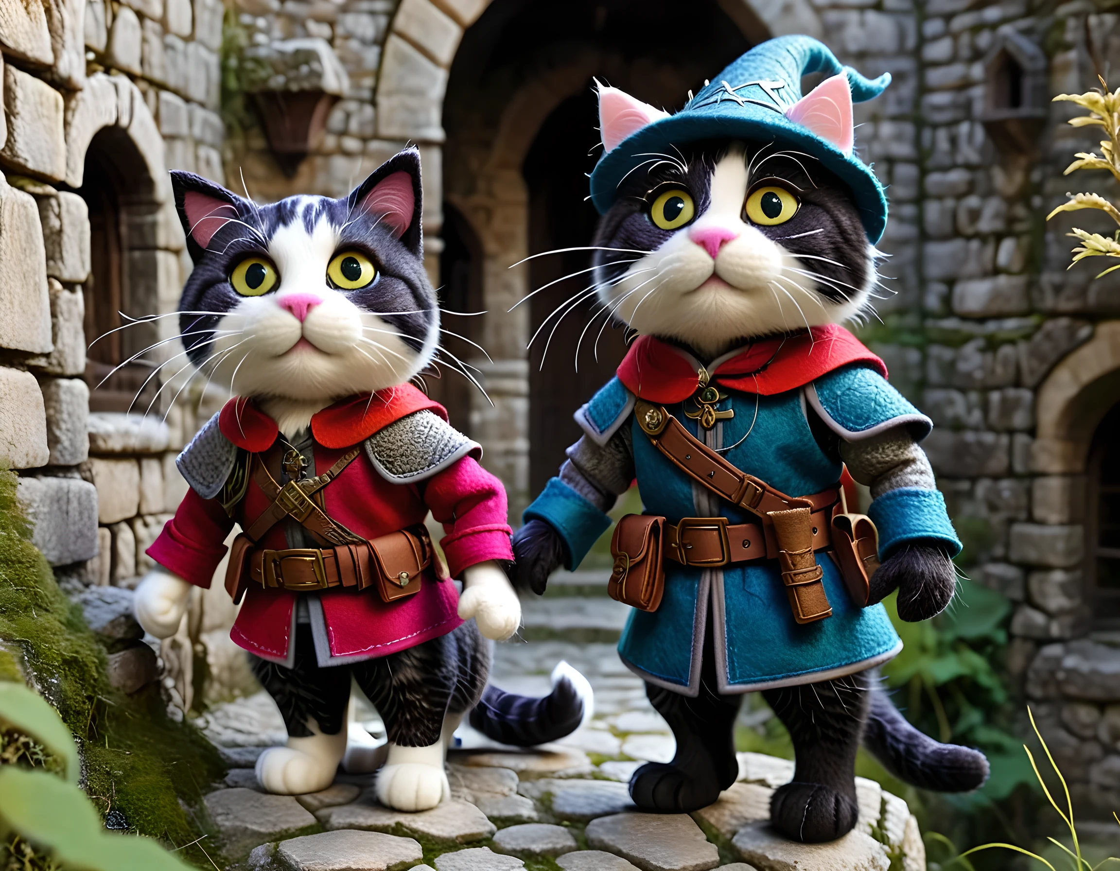 Felt doll of a cat who became an adventurer, exploring an old castle with his fellow cats, a brave man, a wizard and a knight, intricate detailed outfit, Masterpiece, Best Quality, Ultra high Detailes