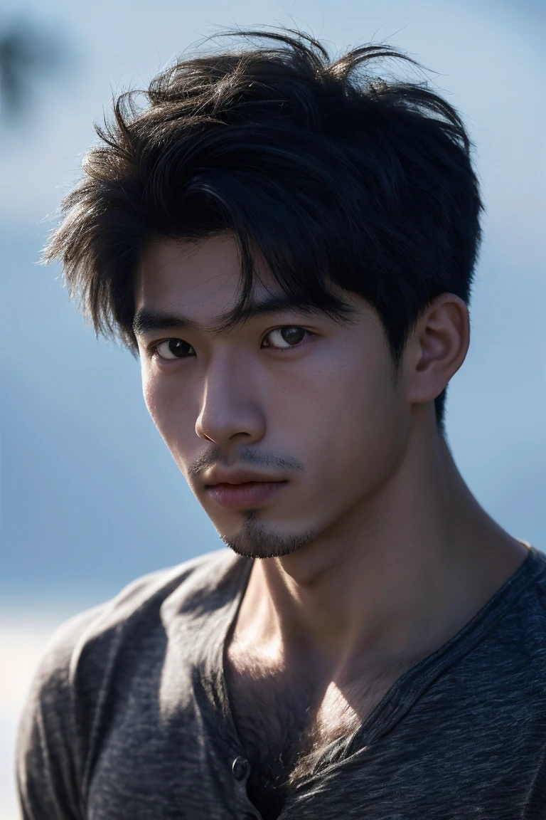 portrait of a young Japanese  1, no shirt,  manly, hairy, muscle,  undercut short black hair, white peal and bright skin, very tick eyes brow, big and black shining eyes, picture from a movie shot, soft light, 8k, sharp an bright, background is the soft blue bokeh, the best quality picture