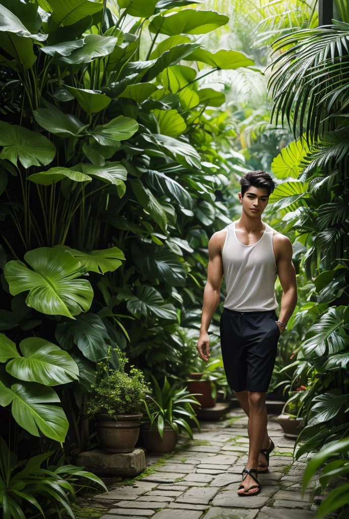 UHD, A tall, striking man with an athletic build stands in the heart of an exotic botanical garden, surrounded by towering palms, vibrant orchids, and rare tropical plants. His fitted black tank top reveals his sculpted arms and chest, while his cargo shorts hug his toned legs. His dark short hair is styled neatly, and his sharp jawline is accentuated by a light smile on his lips. As he walks along the stone pathway, his gaze moves from the large ferns to the brightly colored heliconias blooming in clusters. The humidity causes a soft sheen of sweat to glisten on his skin, making him look both rugged and at ease in the lush, humid surroundings. The air is filled with the earthy smell of damp soil and the sweet scent of tropical blooms, as the distant call of exotic birds echoes through the dense foliage. His presence blends effortlessly with the scenery creating a sense on sensuality and allure.