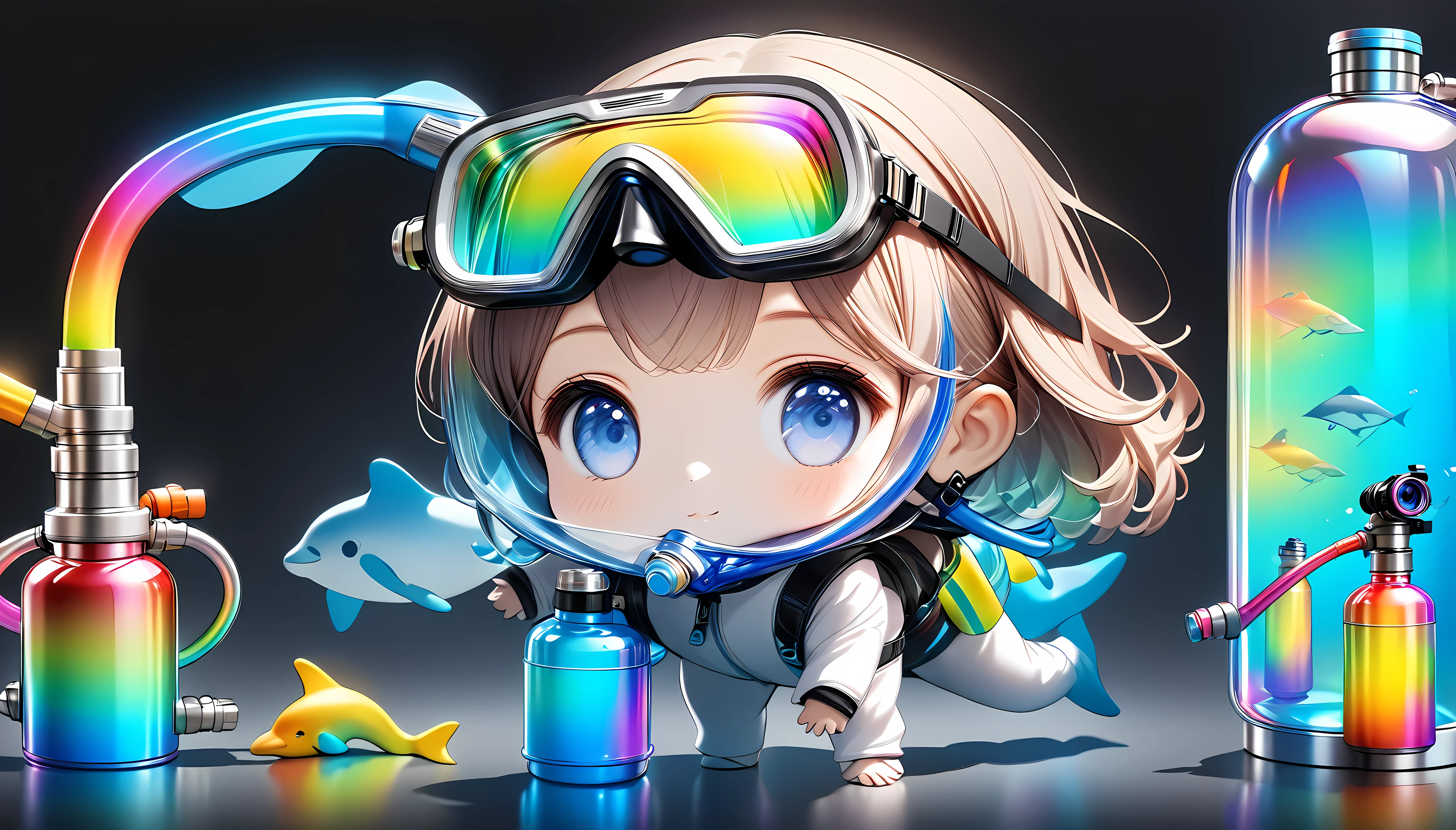 (Miniature photography:1.87), cute minimalist art, 1girl, chibi cute diver, realistic dolphin costume, holographic reflection snorkel, rainbow oxygen tank, transparent colorful gradient, black background, ARW, inspiring creativity